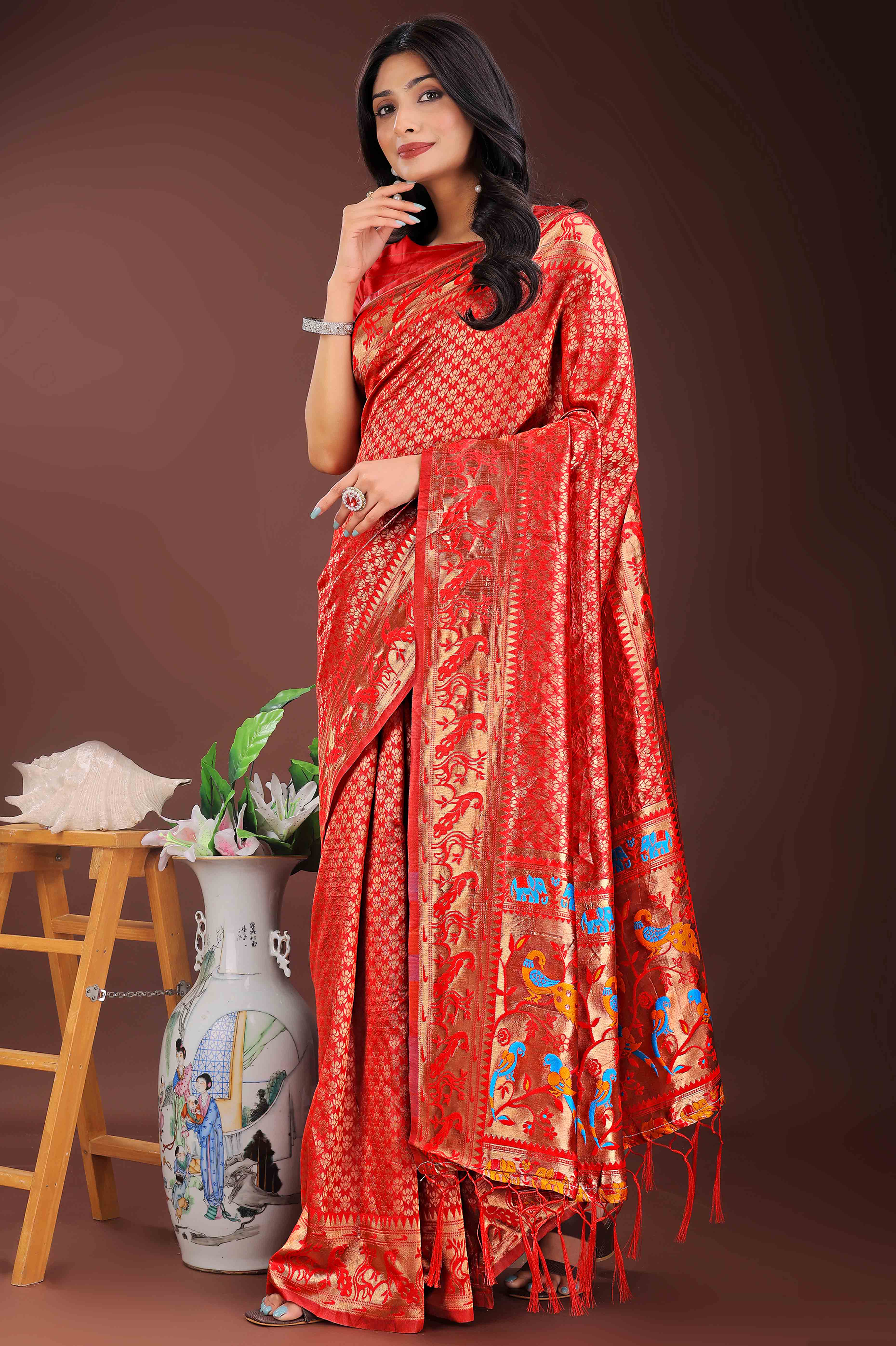 Red Saree in Banarasi Silk with Luxurious Zari Brocade Weaving