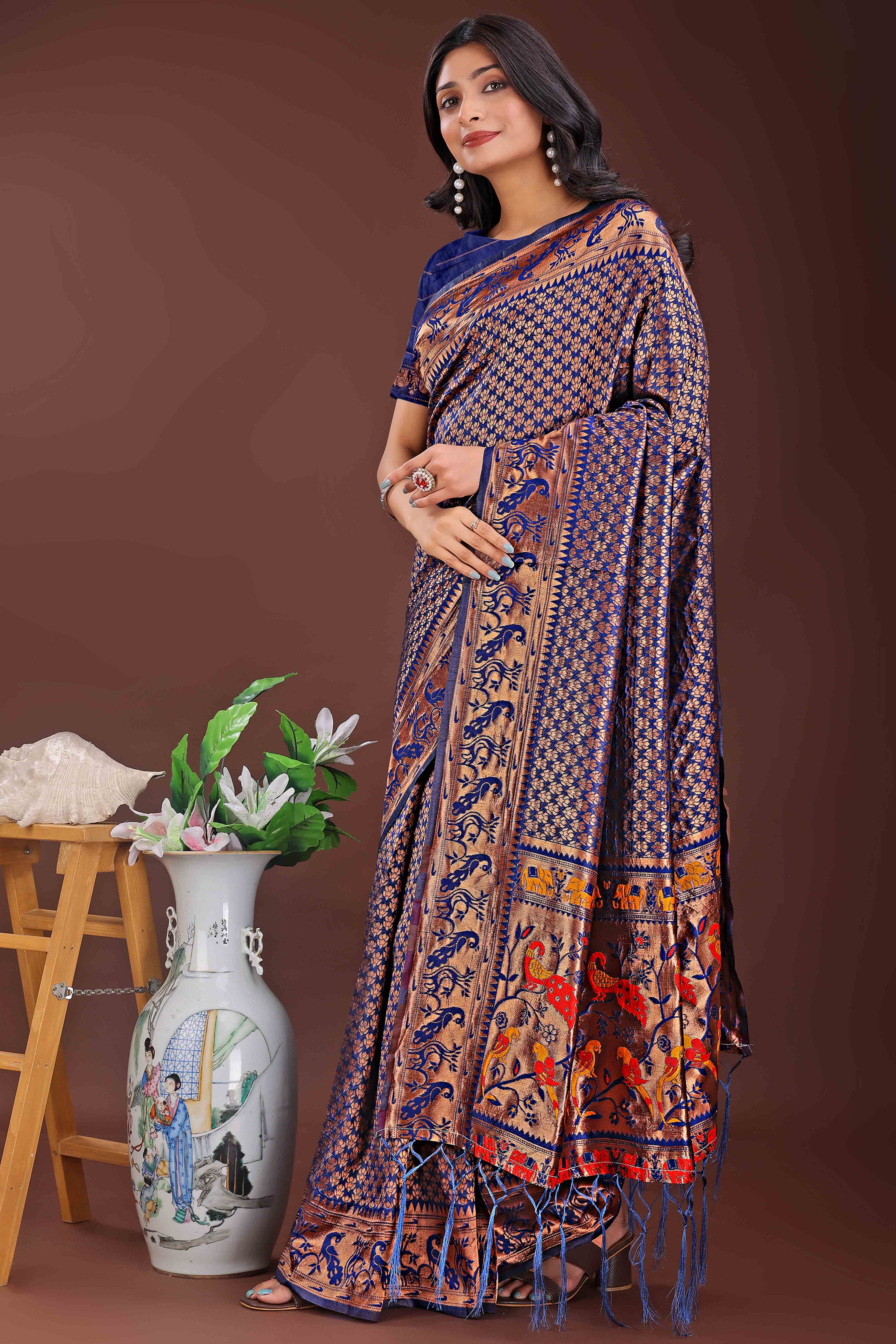Navy Blue Saree in Banarasi Silk with Luxurious Zari Brocade Weaving