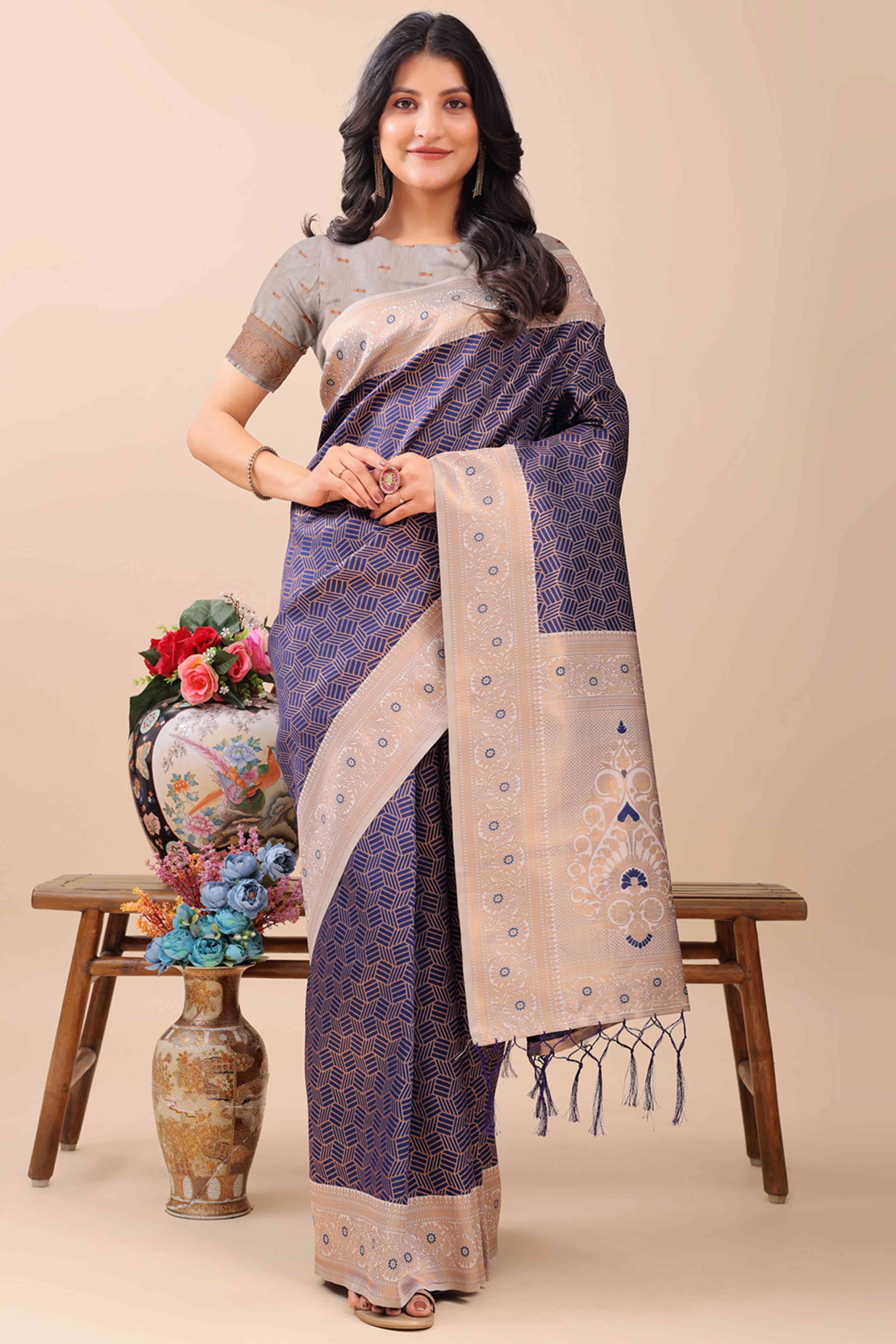 Navy Blue Lichi Cotton Silk Saree With Intricate Zari Weaving In Floral & Geometric Patterns