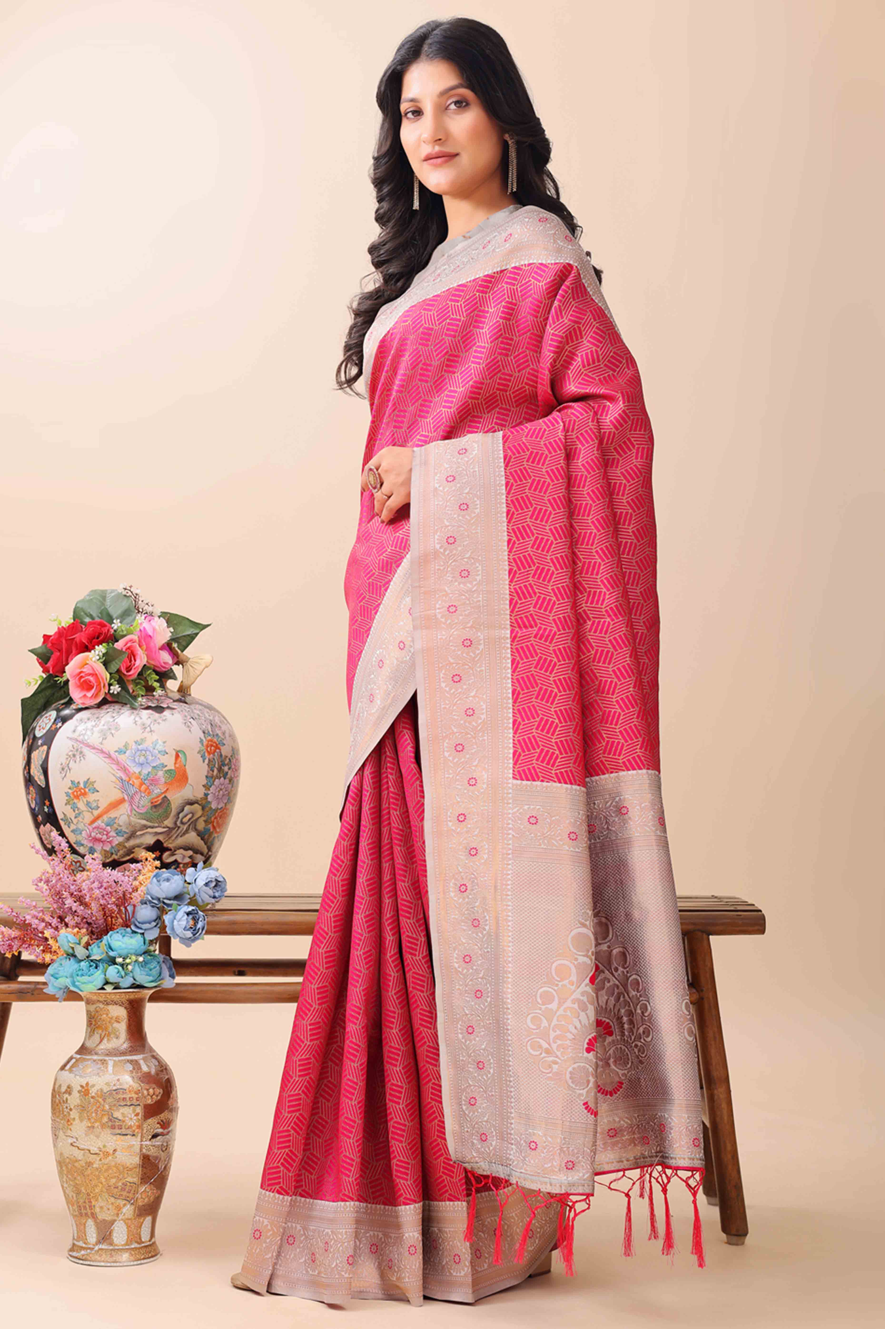 Pink Lichi Cotton Silk Saree With Intricate Zari Weaving In Floral & Geometric Patterns