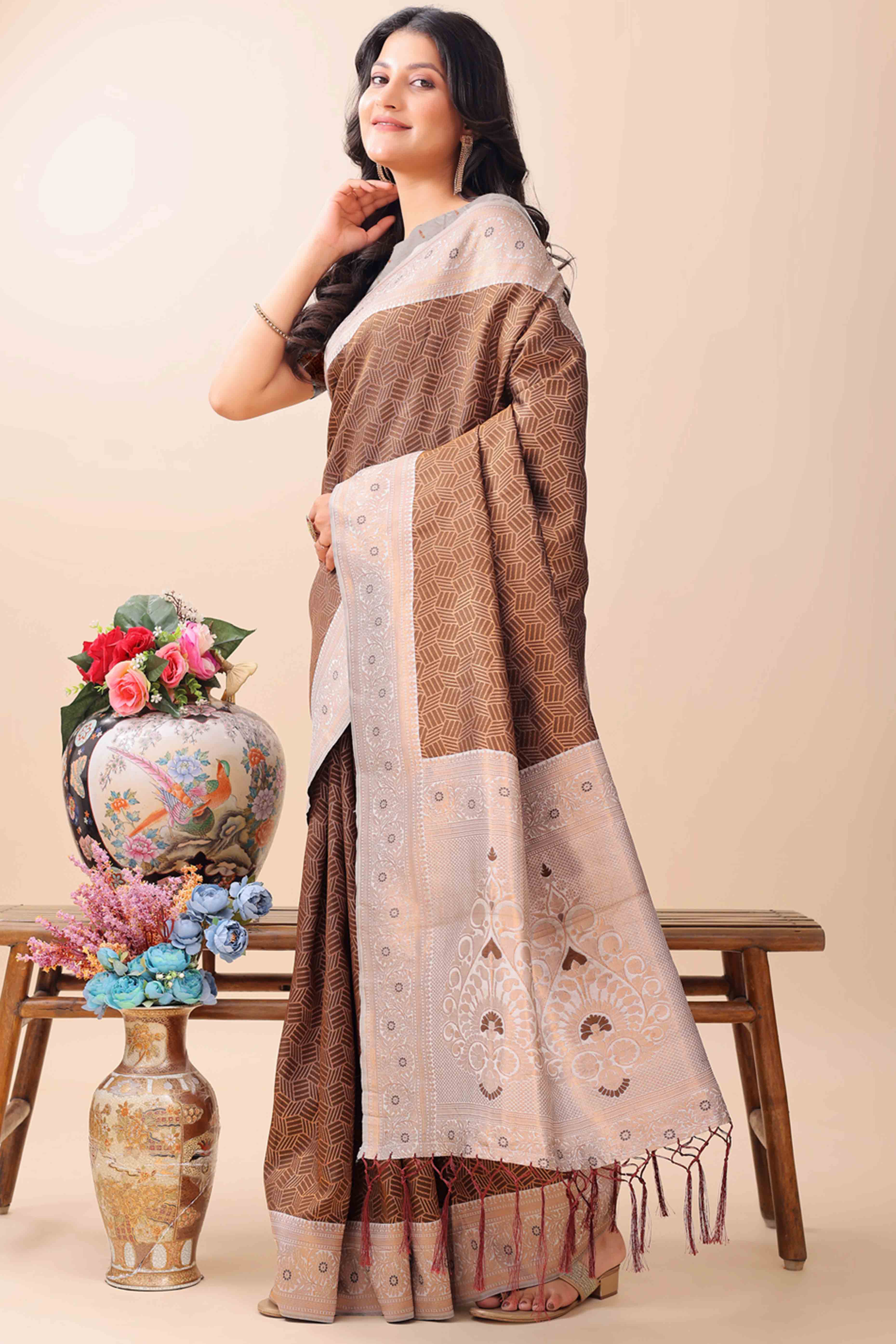 Brown Lichi Cotton Silk Saree With Intricate Zari Weaving In Floral & Geometric Patterns