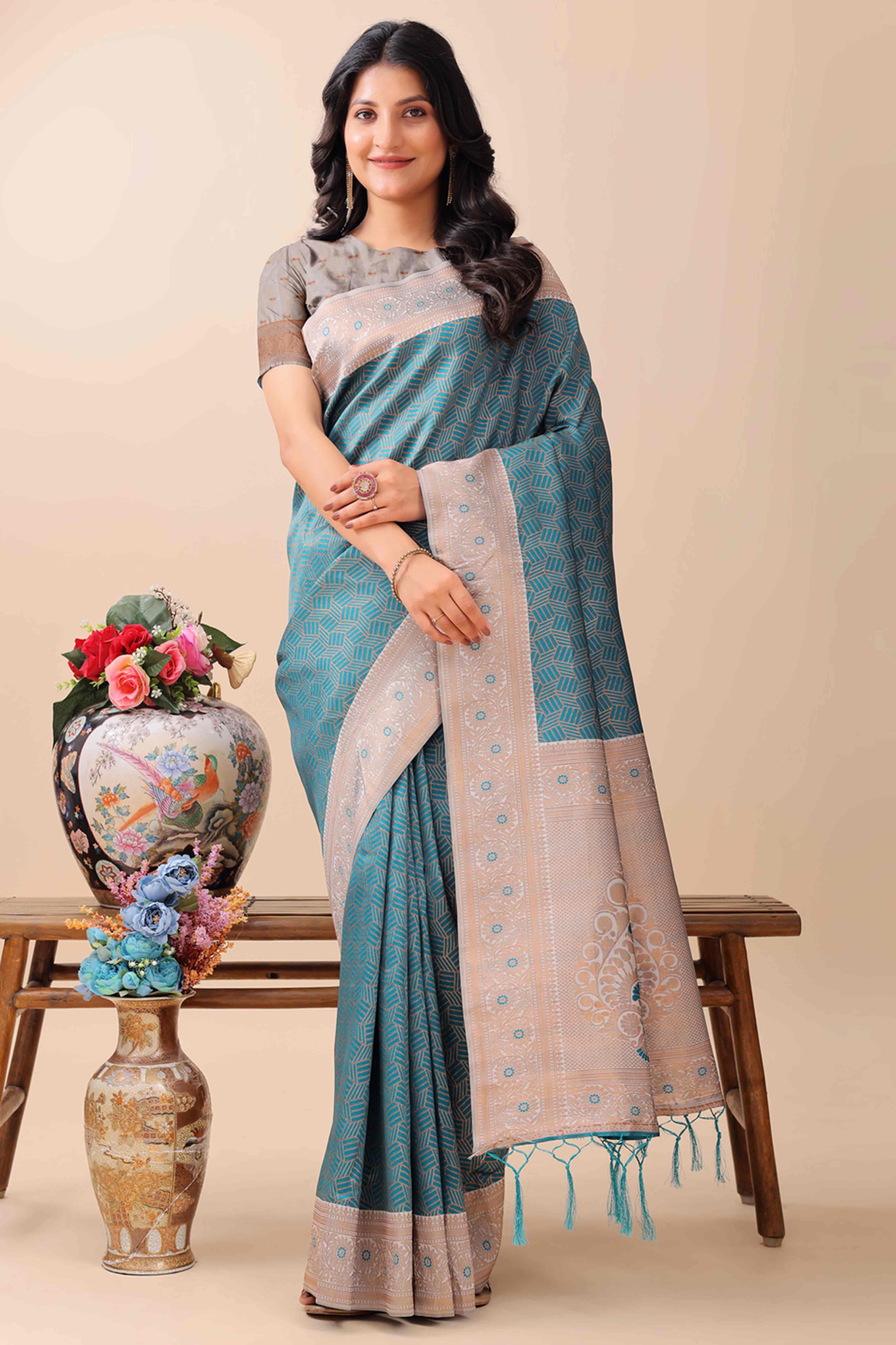 Teal Lichi Cotton Silk Saree With Intricate Zari Weaving In Floral & Geometric Patterns