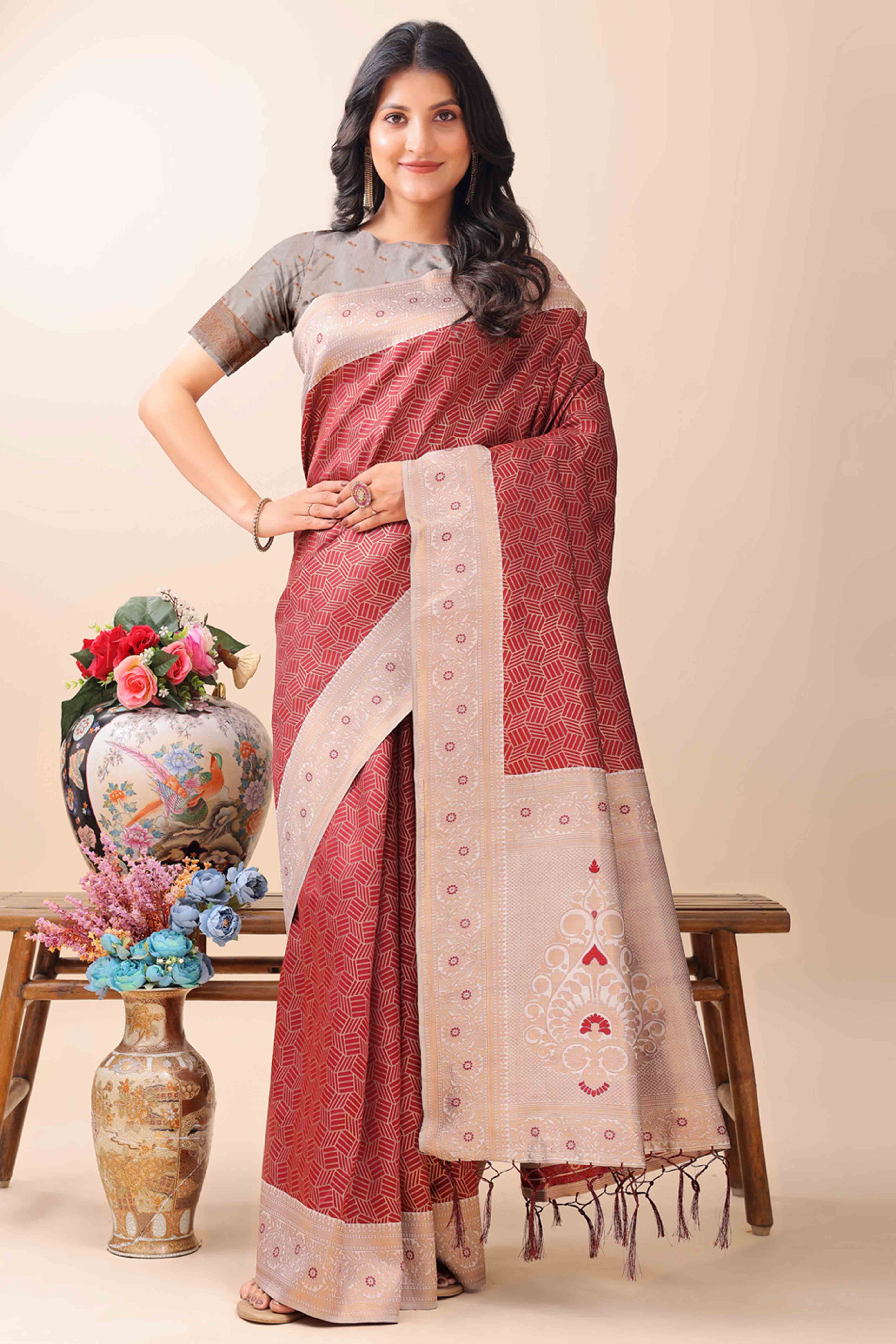 Maroon Lichi Cotton Silk Saree With Intricate Zari Weaving In Floral & Geometric Patterns