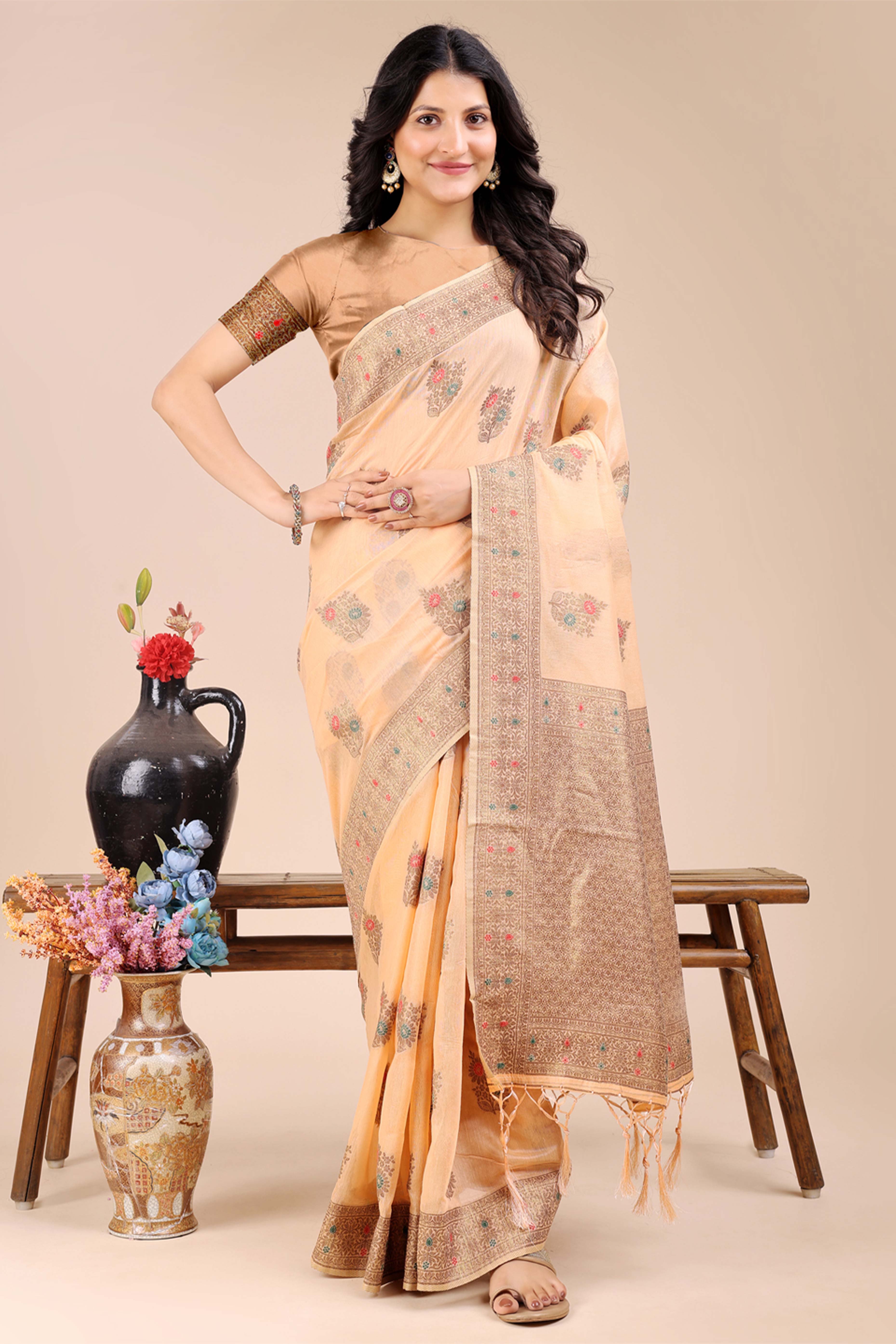 Peach Saree in Cotton Silk with Heritage Inspired Zari Woven Accents