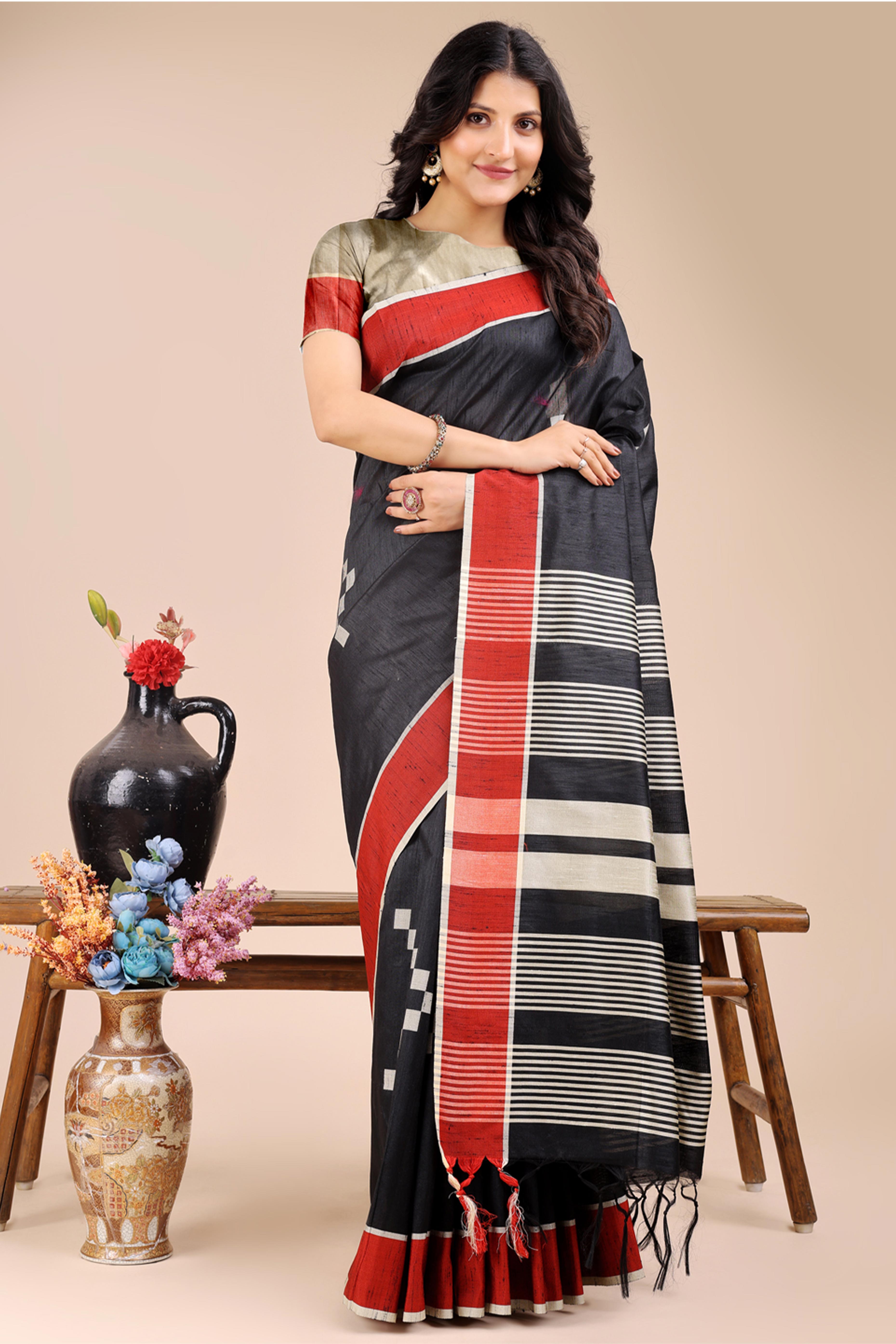 Black Saree in Cotton Silk with Heritage Inspired Zari Woven Accents