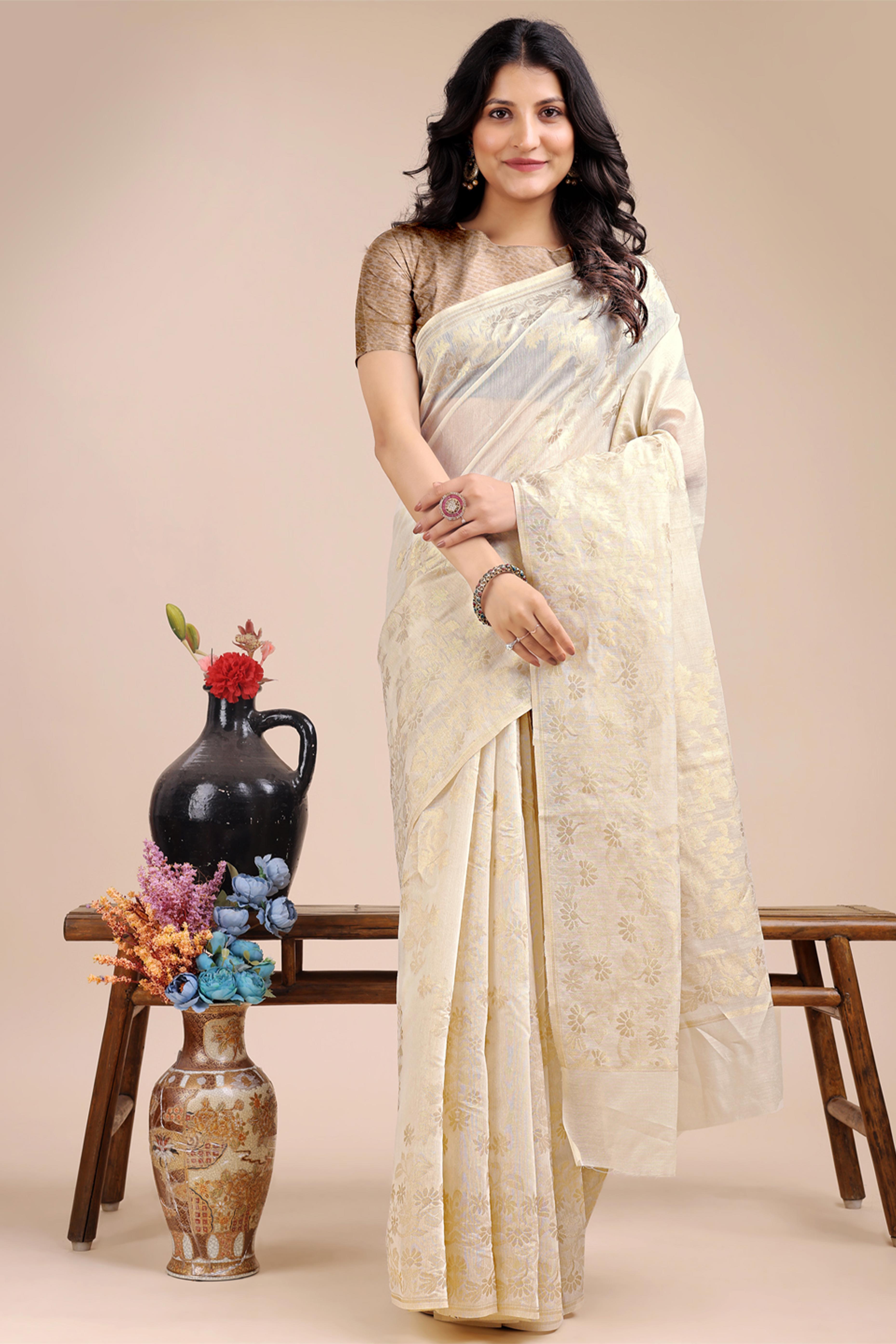 Off White Saree in Cotton Silk with Heritage Inspired Zari Woven Accents