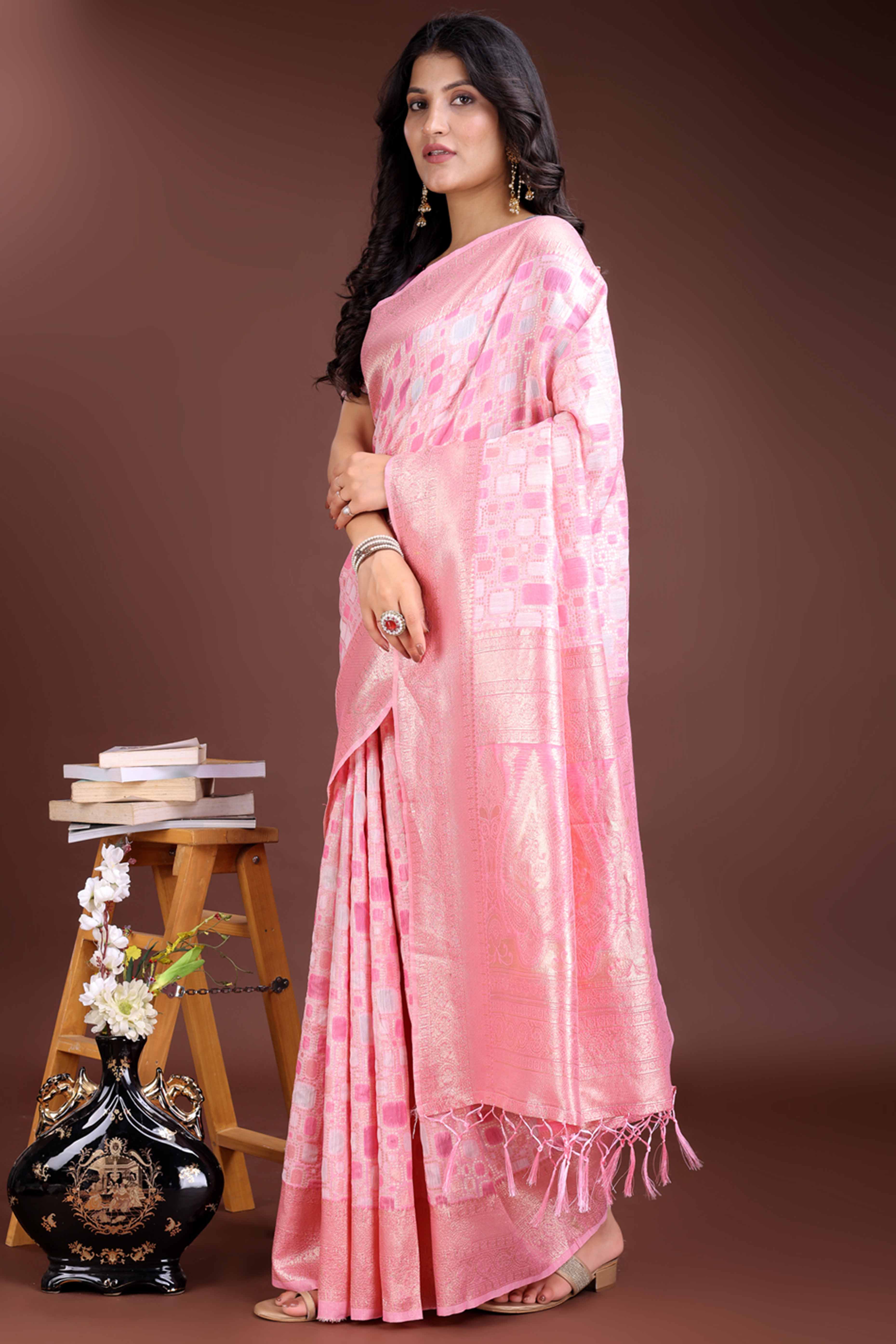 Charming Pink Geometric Style Zari Weaving Cotton Blend Saree Decorated with Graceful Tassels