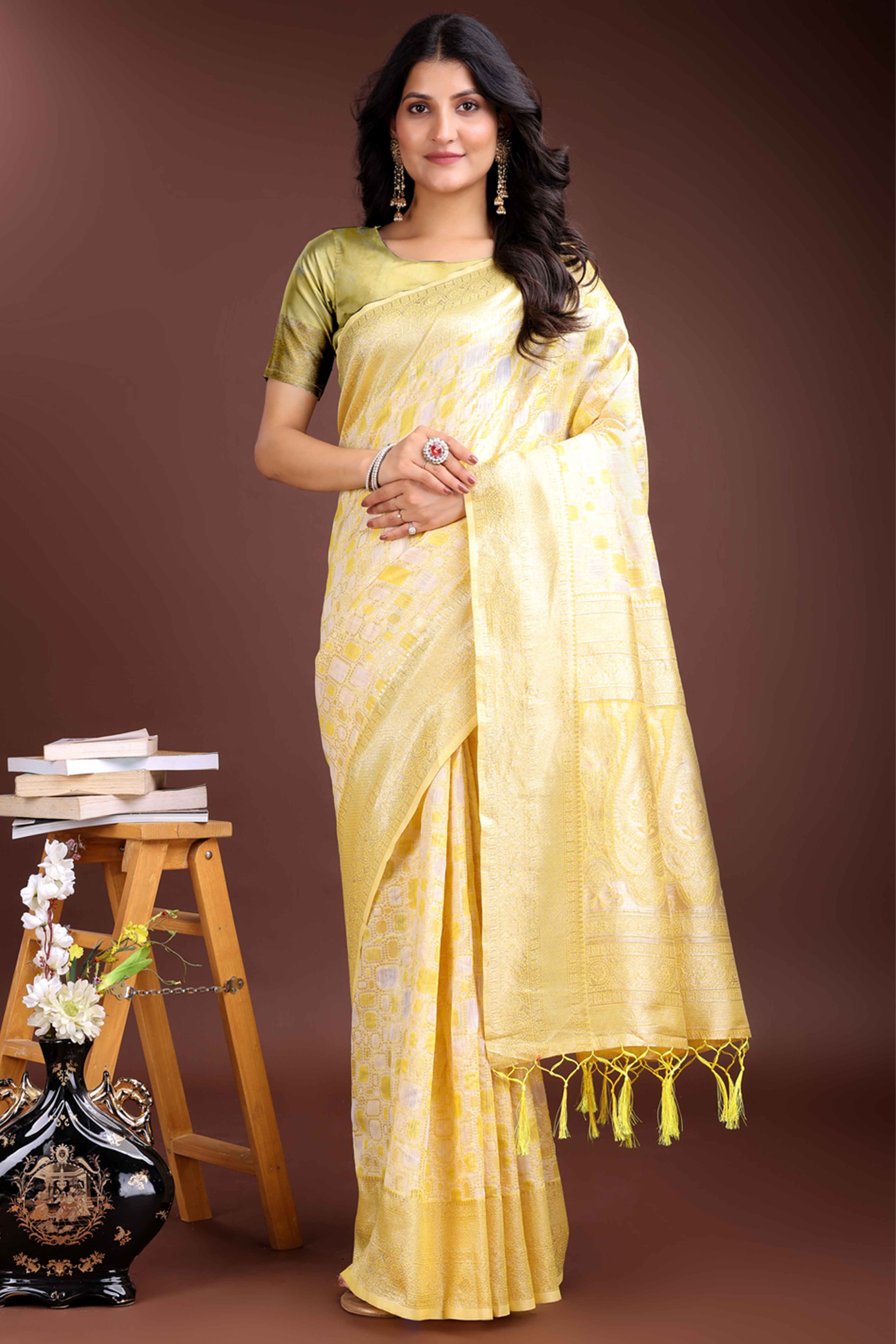 Radiant Yellow Geometric Style Zari Weaving Cotton Blend Saree Accented with Vibrant Tassels