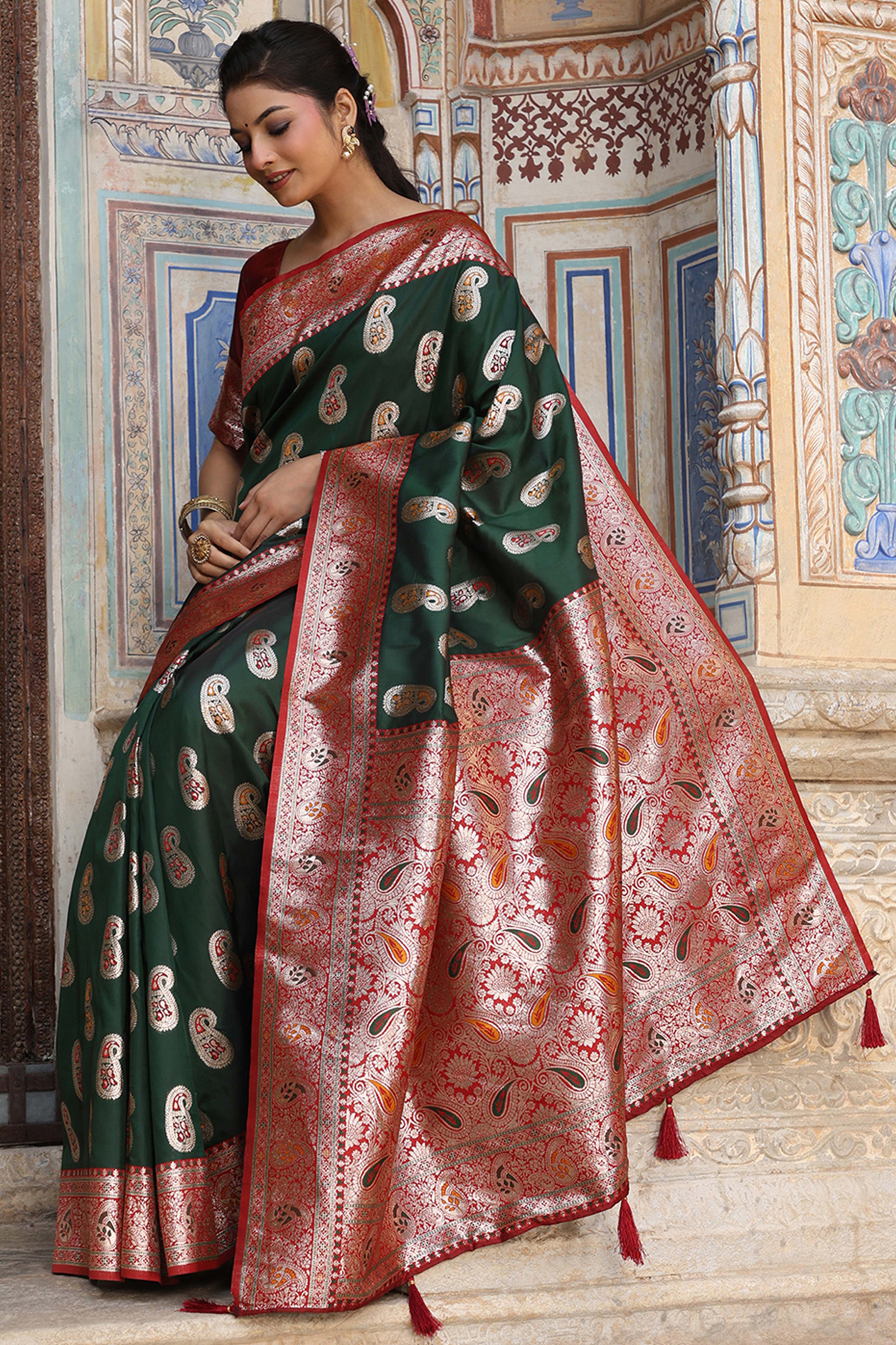 Designer Green Silk Blend Saree with Timeless Paisley Pattern in Zari Weaving