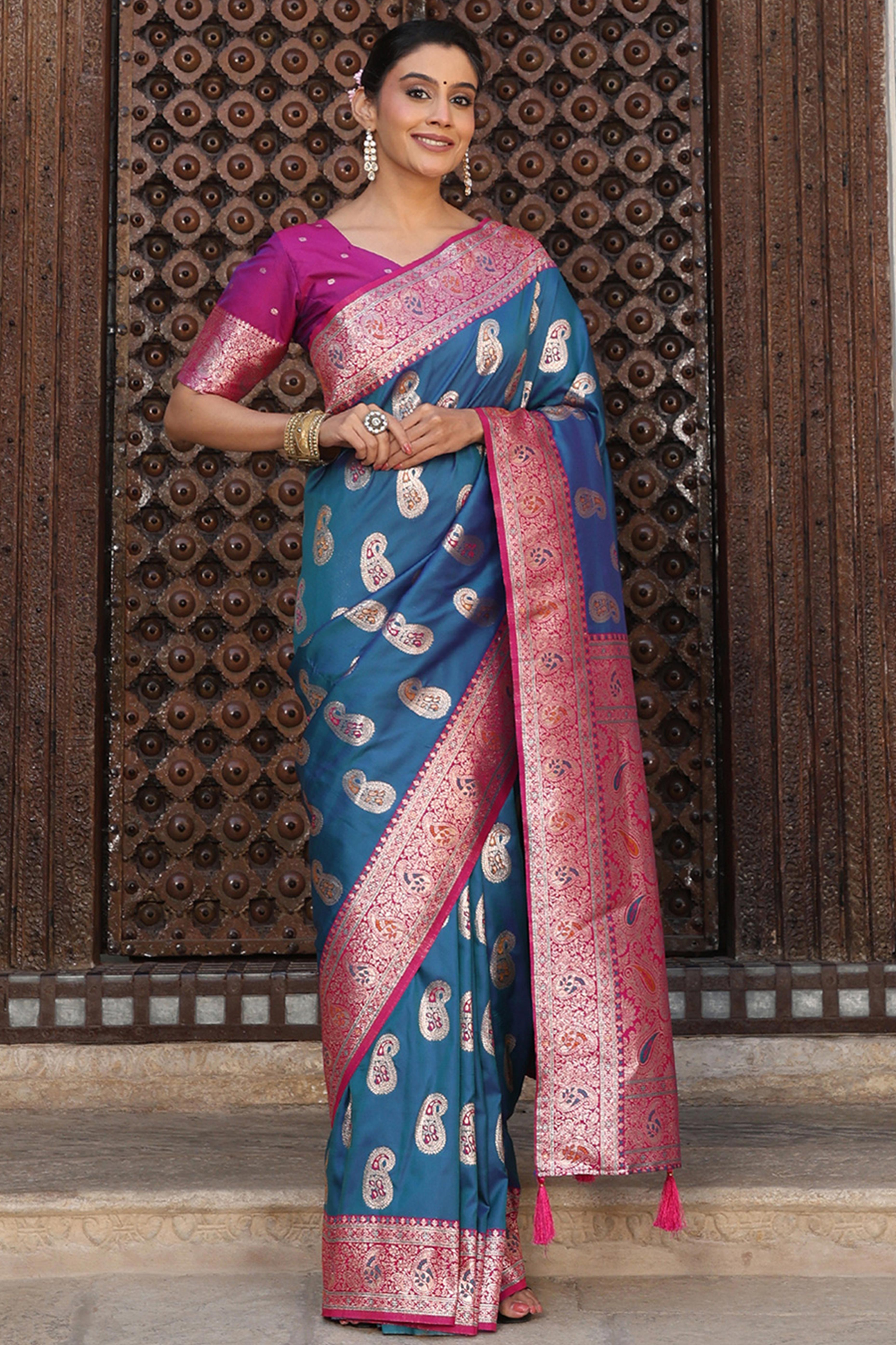 Designer Teal Silk Blend Saree with Timeless Paisley Pattern in Zari Weaving
