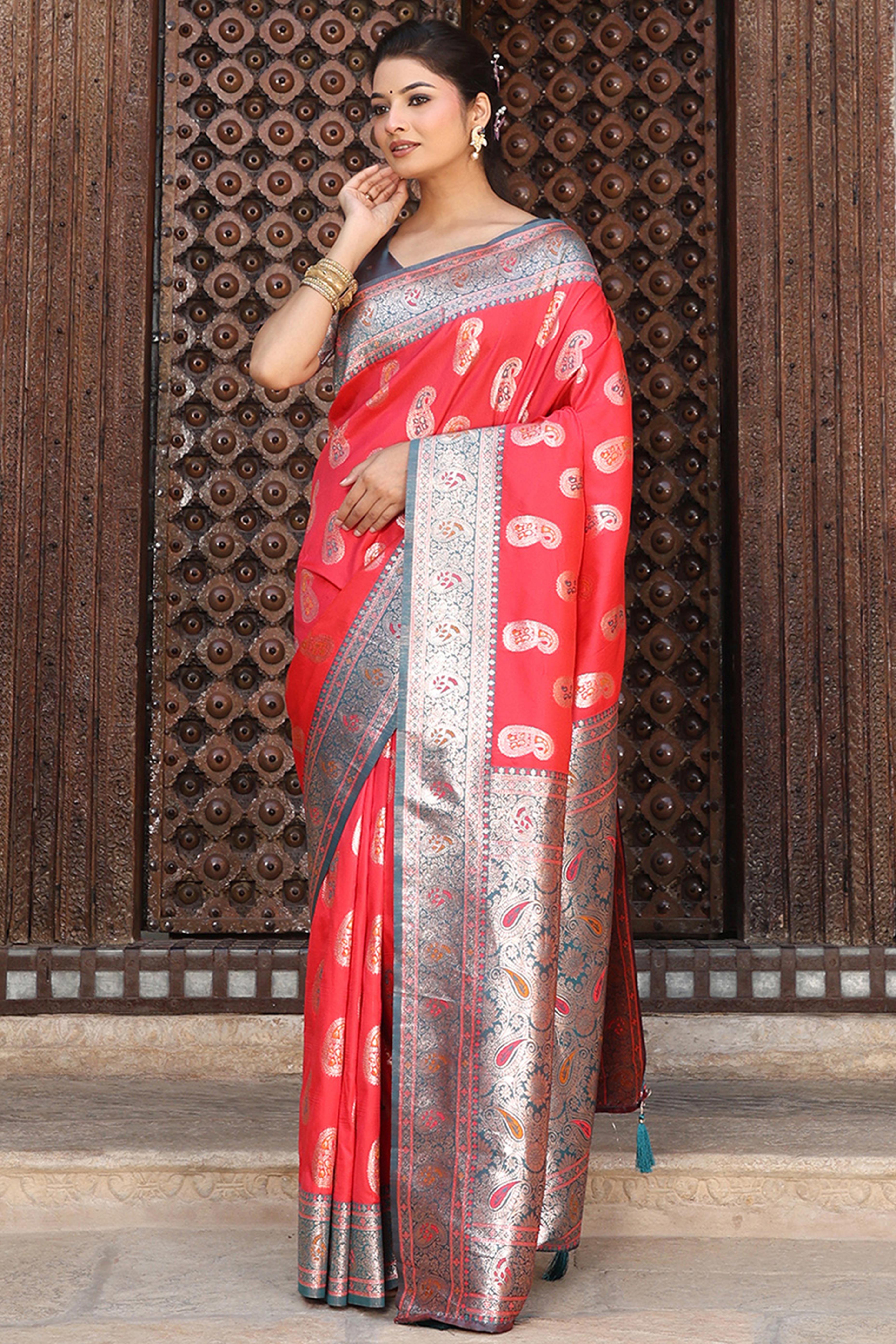 Designer Red Silk Blend Saree with Timeless Paisley Pattern in Zari Weaving