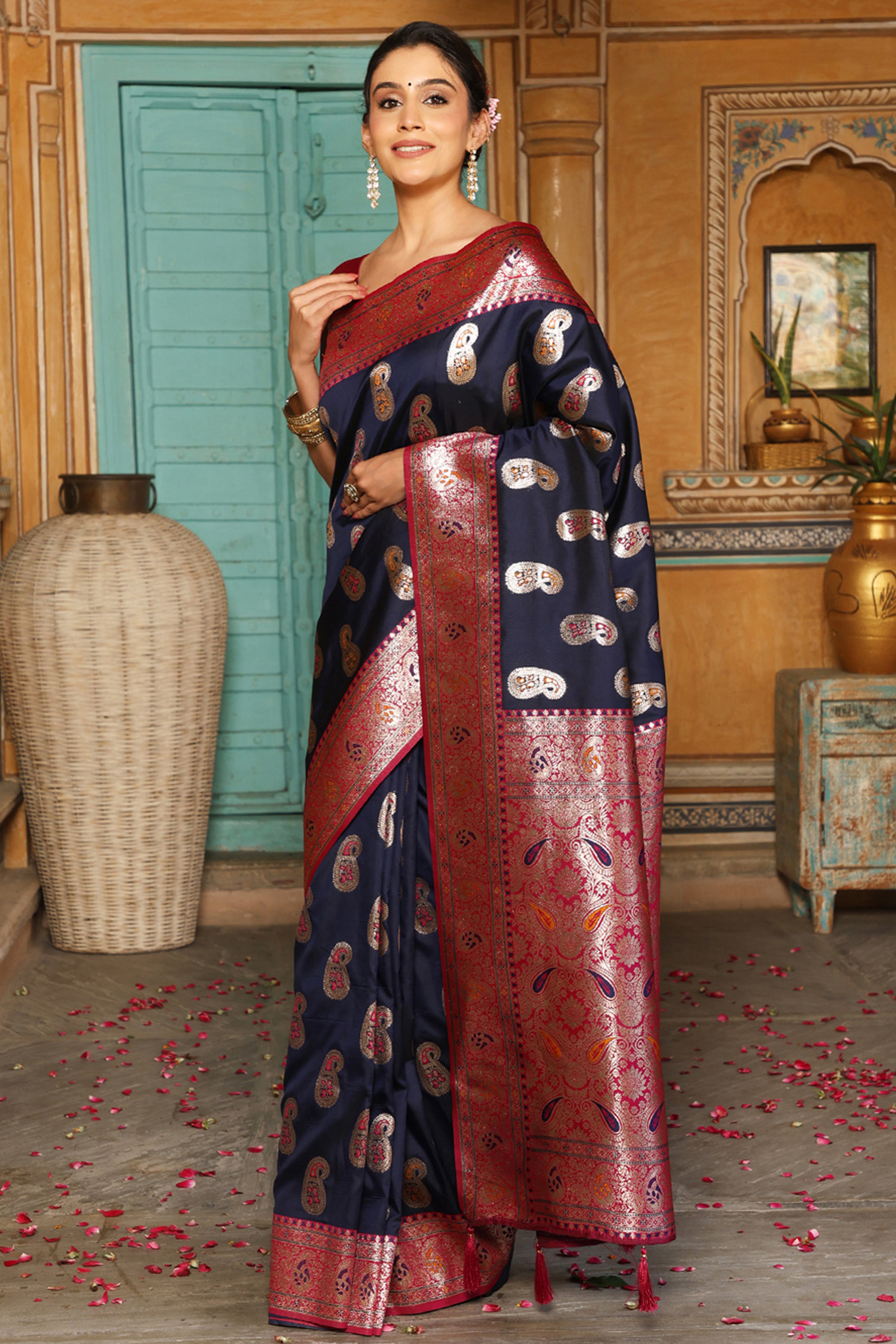 Designer Navy Blue Silk Blend Saree with Timeless Paisley Pattern in Zari Weaving