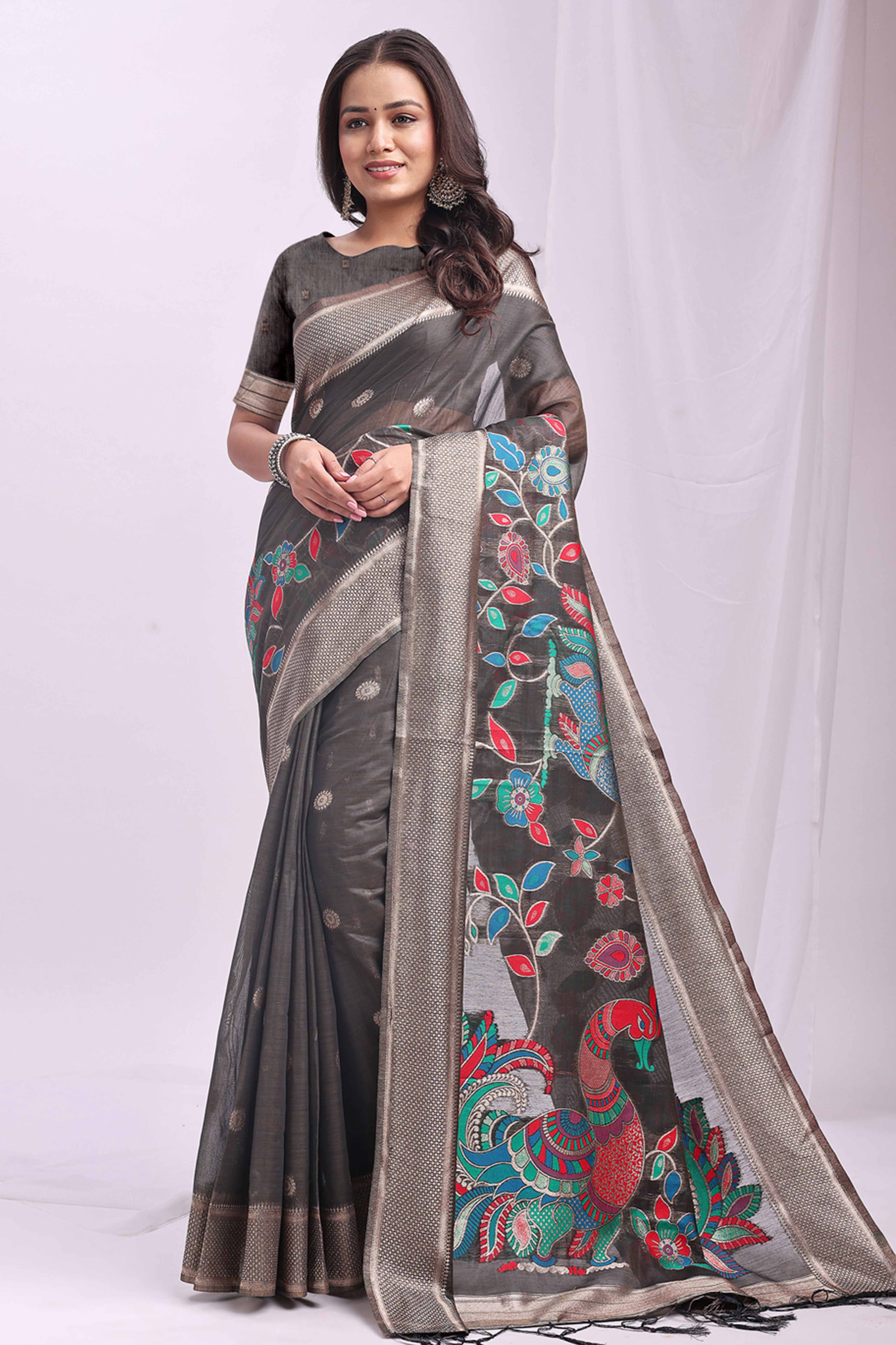 Dark Grey Floral Woven Linen Cotton Saree Accented With Peacock Motif Pallu & Zari Border