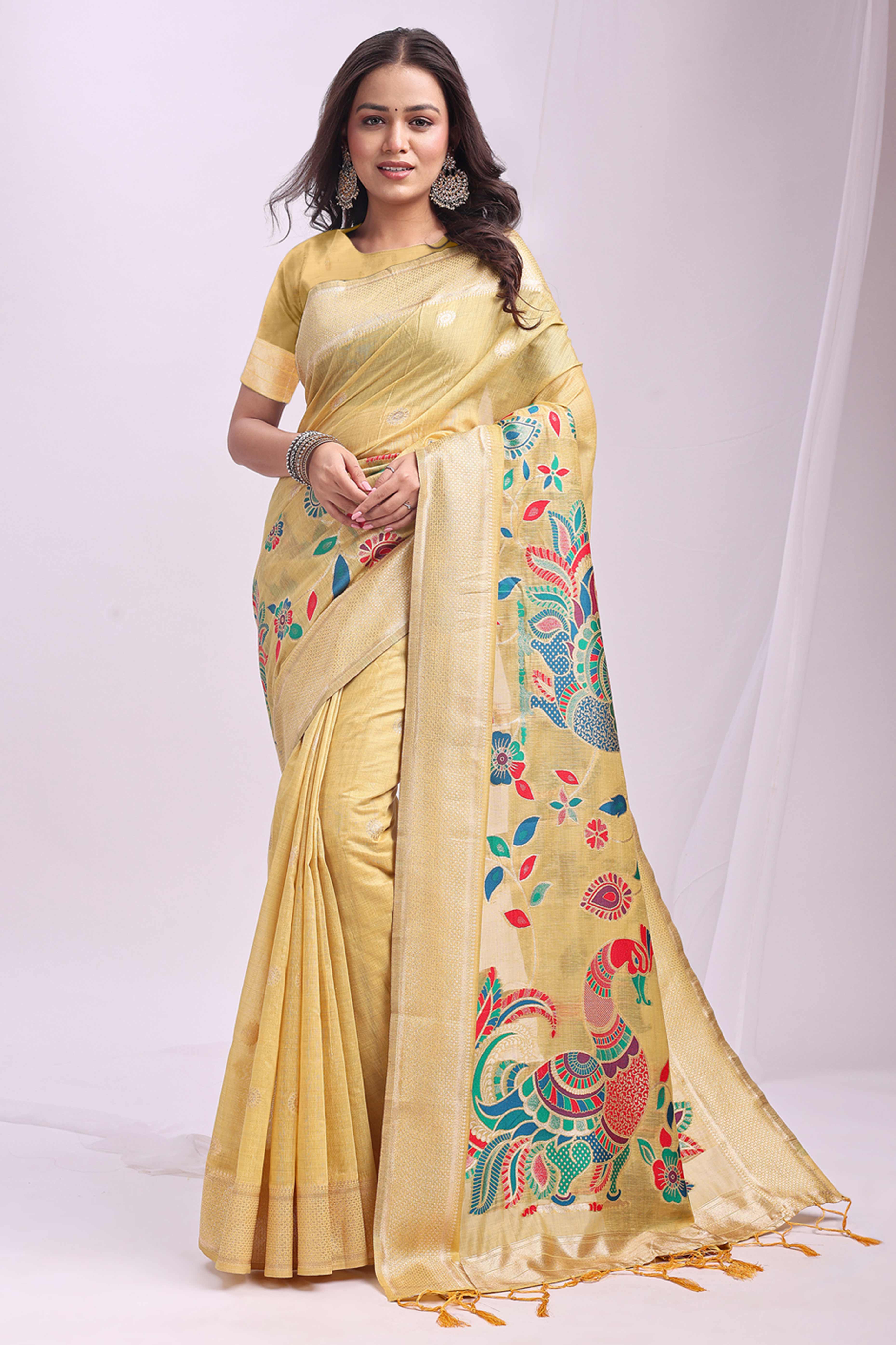 Yelllow Floral Woven Linen Cotton Saree Accented With Peacock Motif Pallu & Zari Border