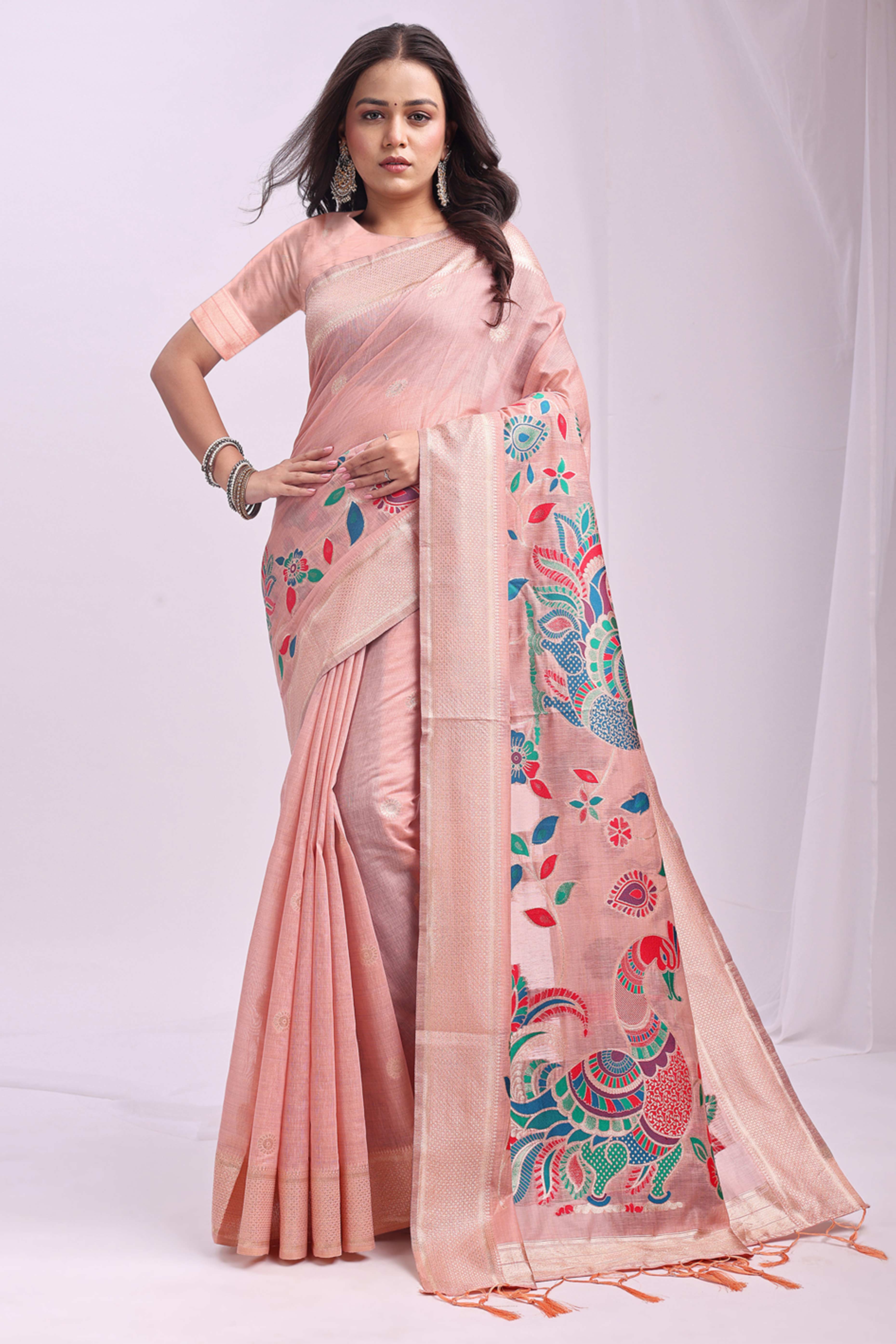 Peach Floral Woven Linen Cotton Saree Accented With Peacock Motif Pallu & Zari Border