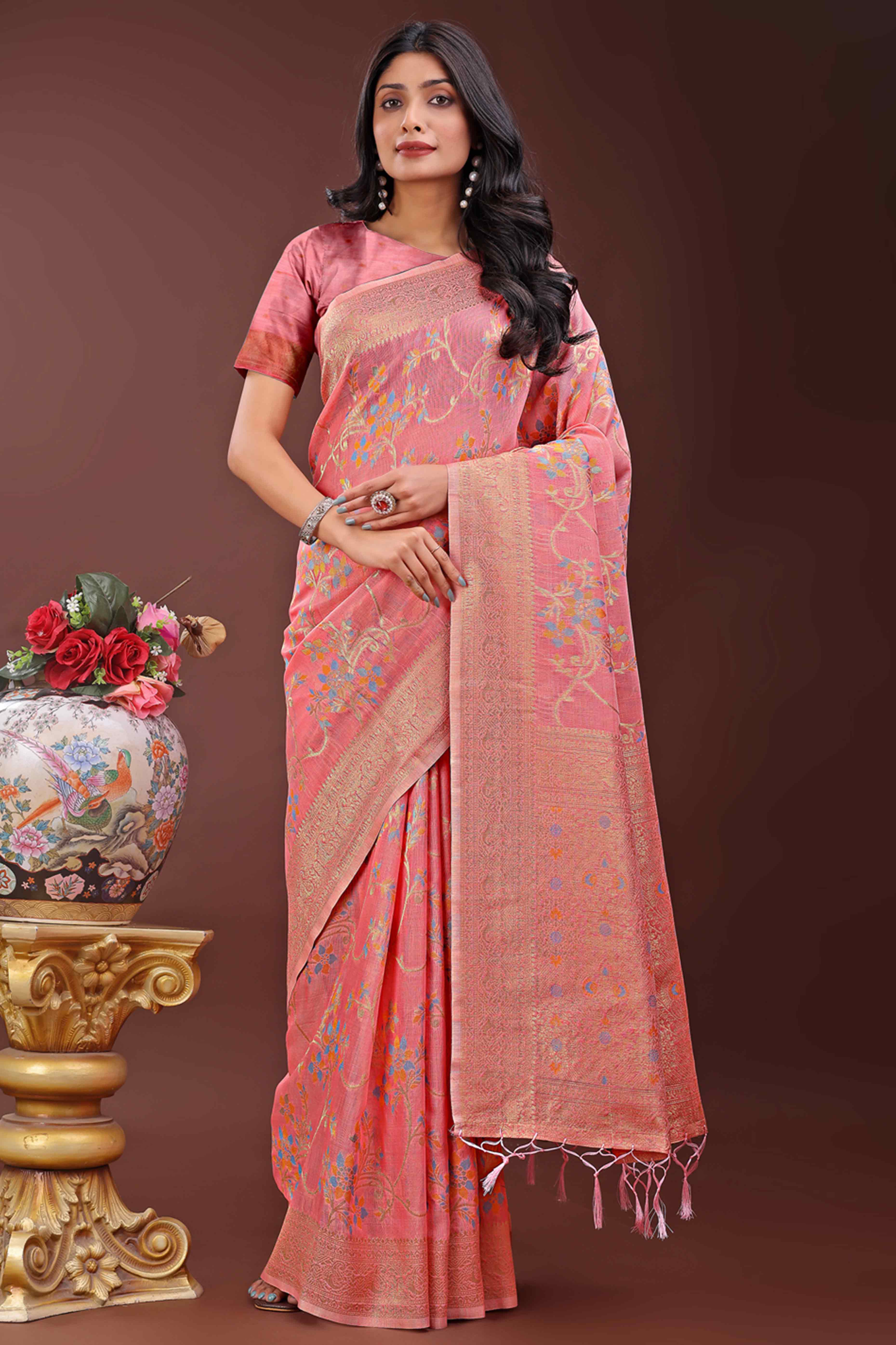 Gajari Pink Linen Cotton Saree With Intricate Floral Zari Weaving & Tassel Edge