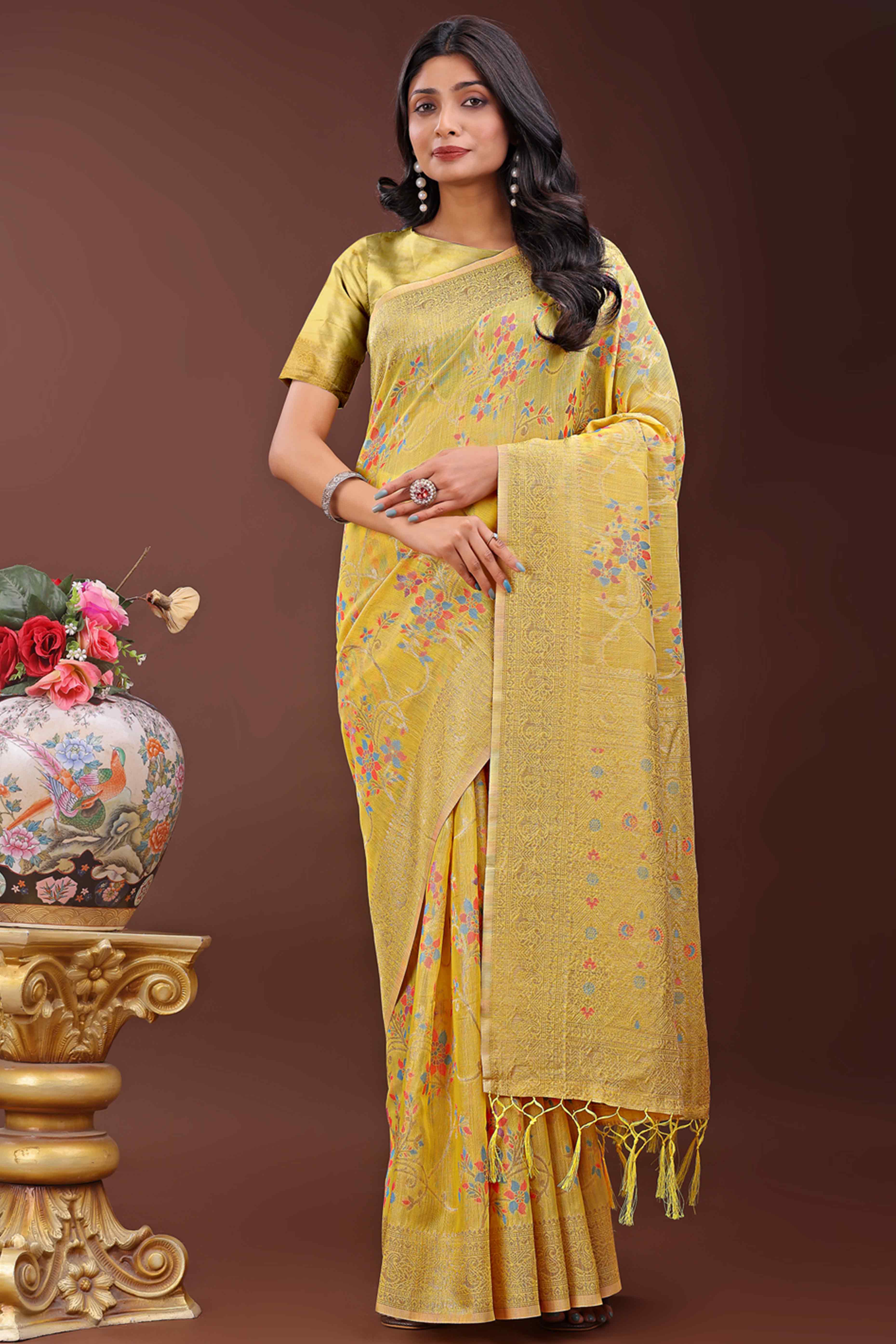 Yellow Linen Cotton Saree With Intricate Floral Zari Weaving & Tassel Edge