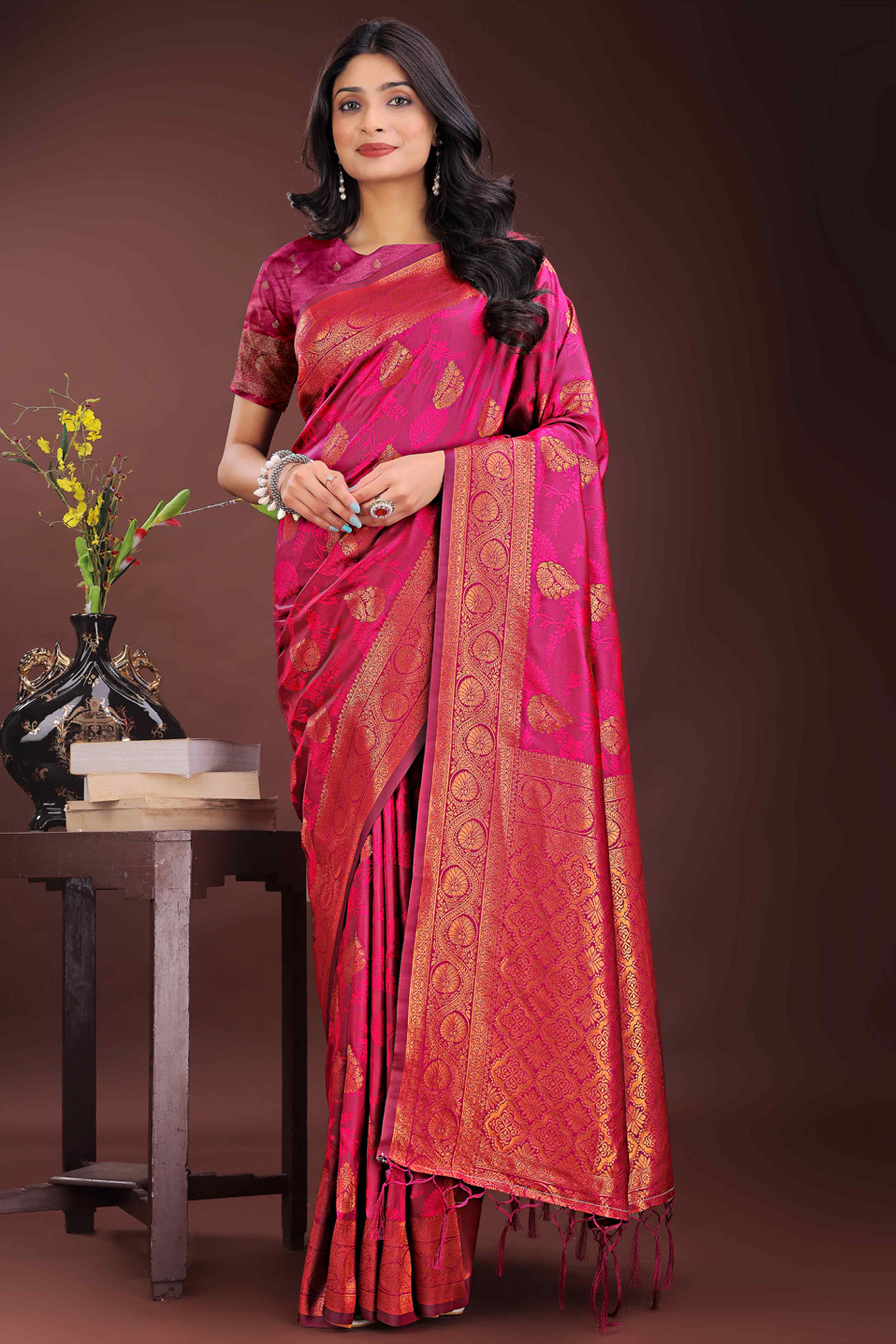 Magenta Banarasi Saree in Silk with Intricately Woven Zari Florals