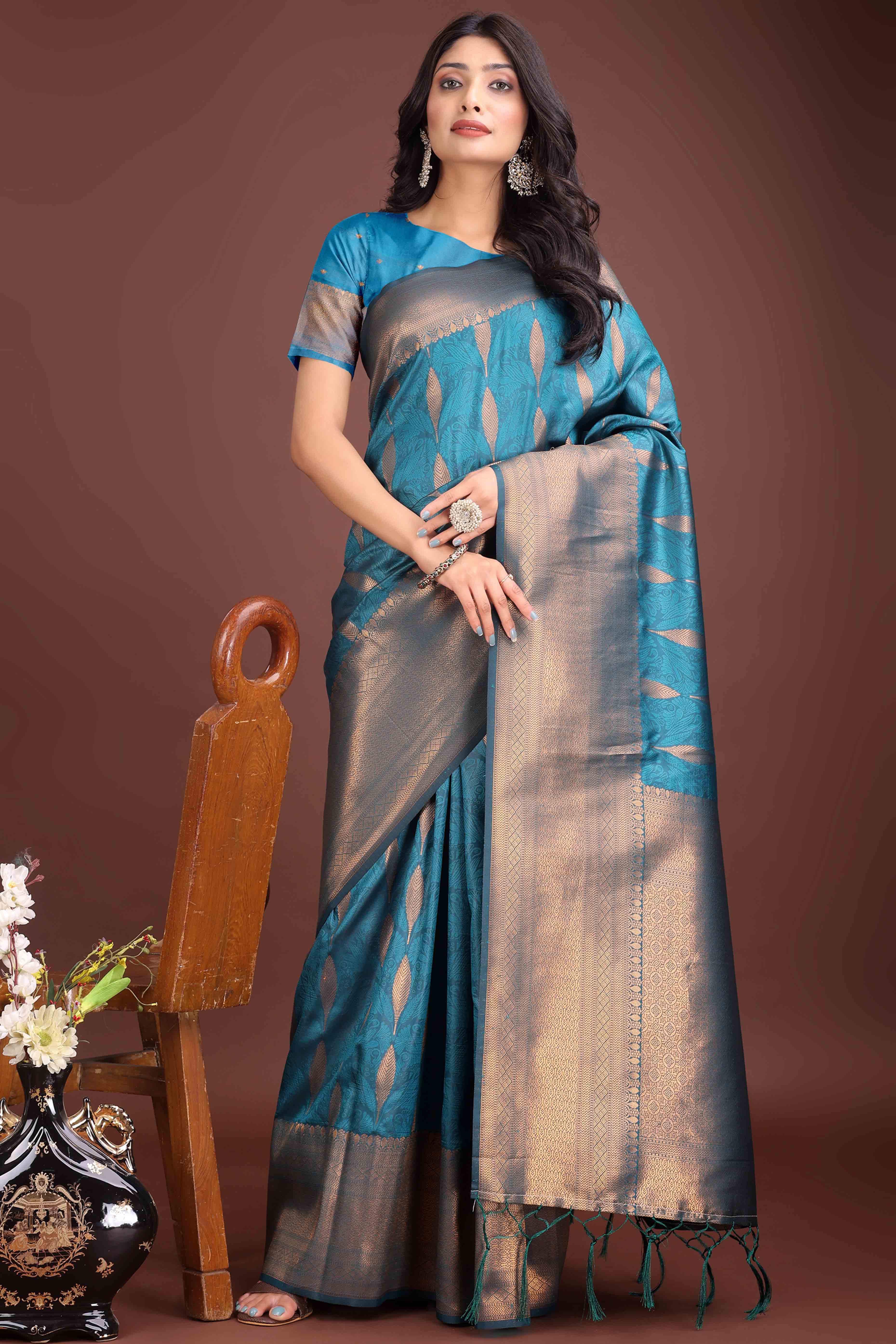 Morpich Blue Zari Woven Banarasi Silk Saree With Timeless Tassel Border