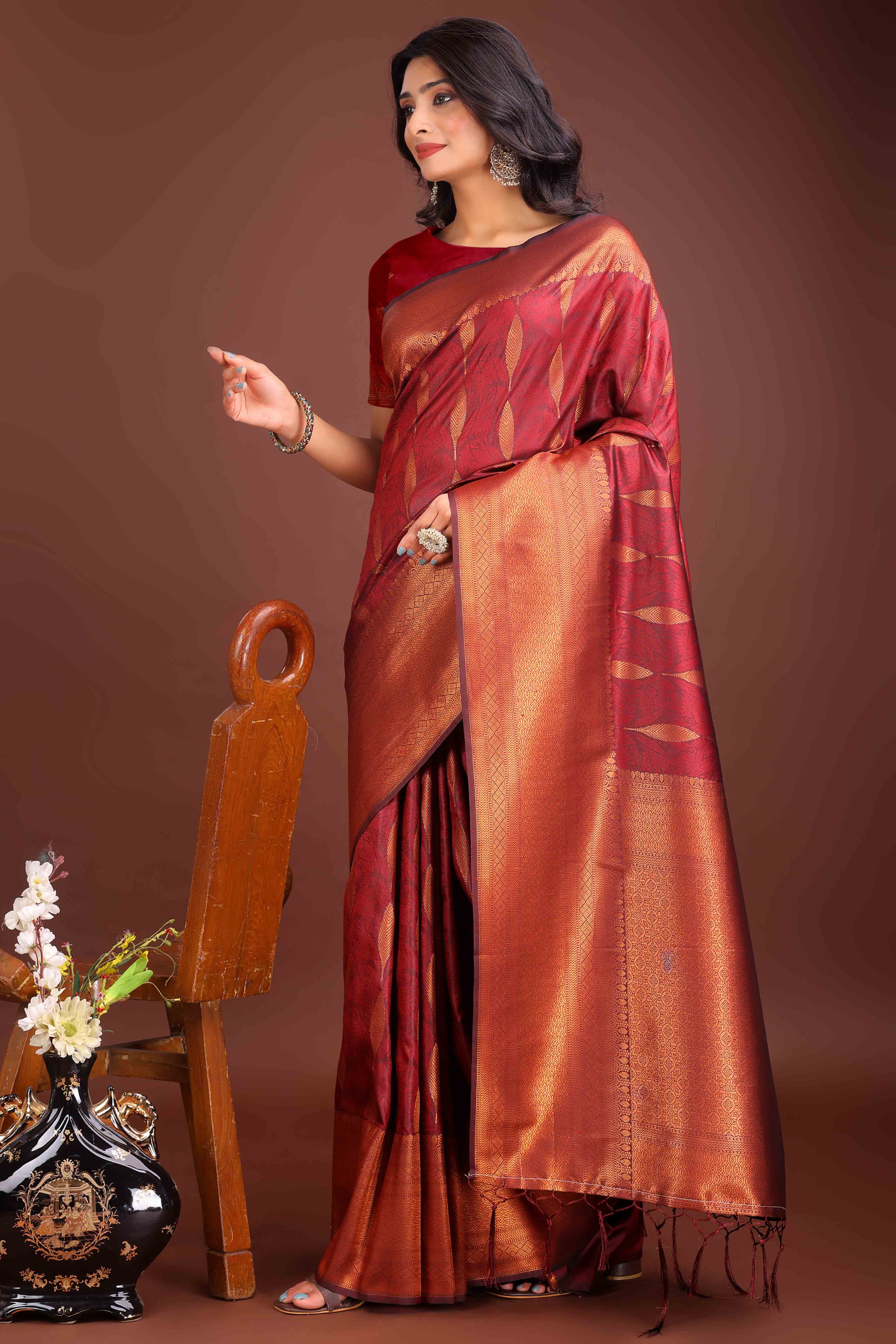 Maroon Zari Woven Banarasi Silk Saree With Timeless Tassel Border