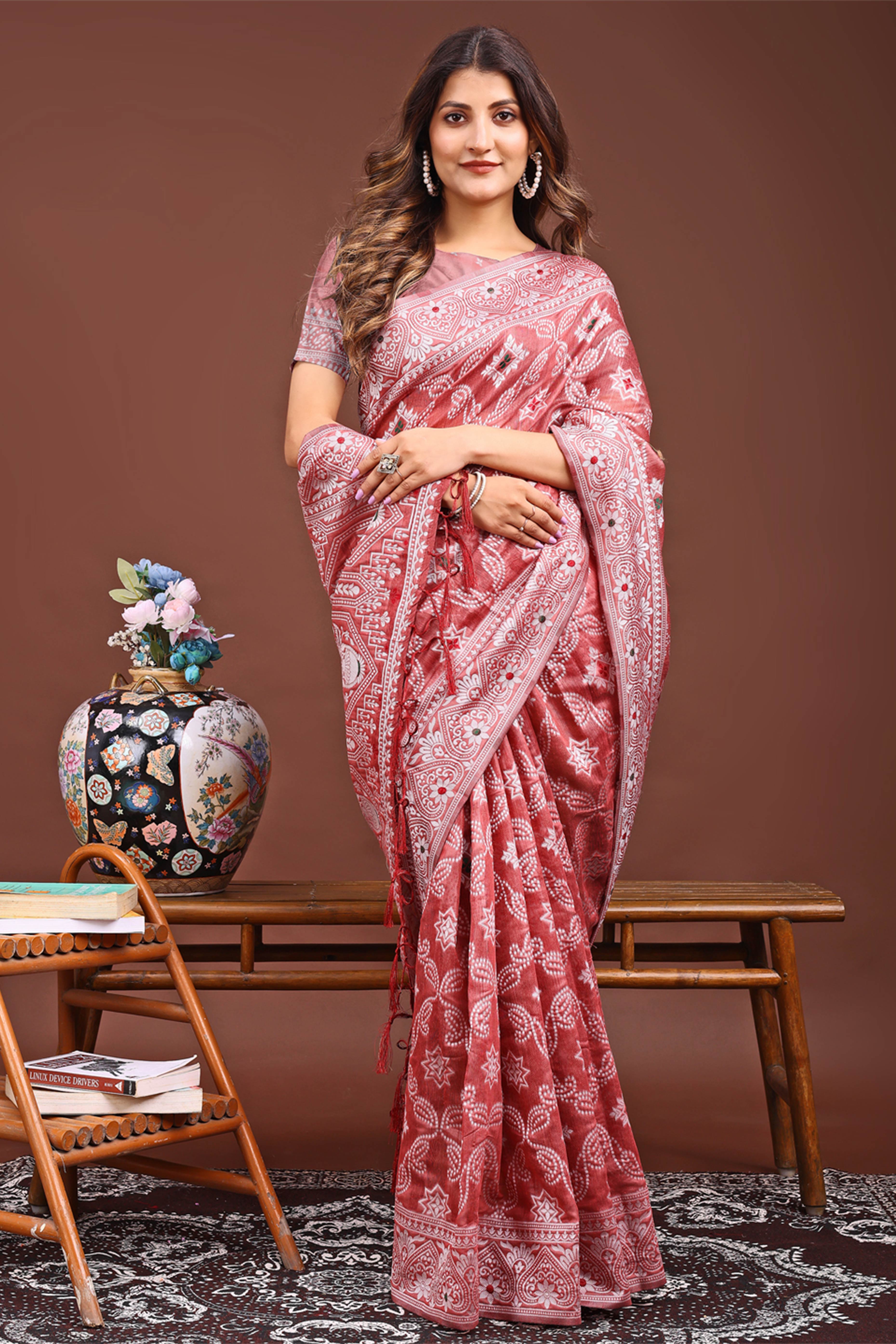 Traditional Bandhani Inspired Woven Peach Saree in Breathable Linen Cotton