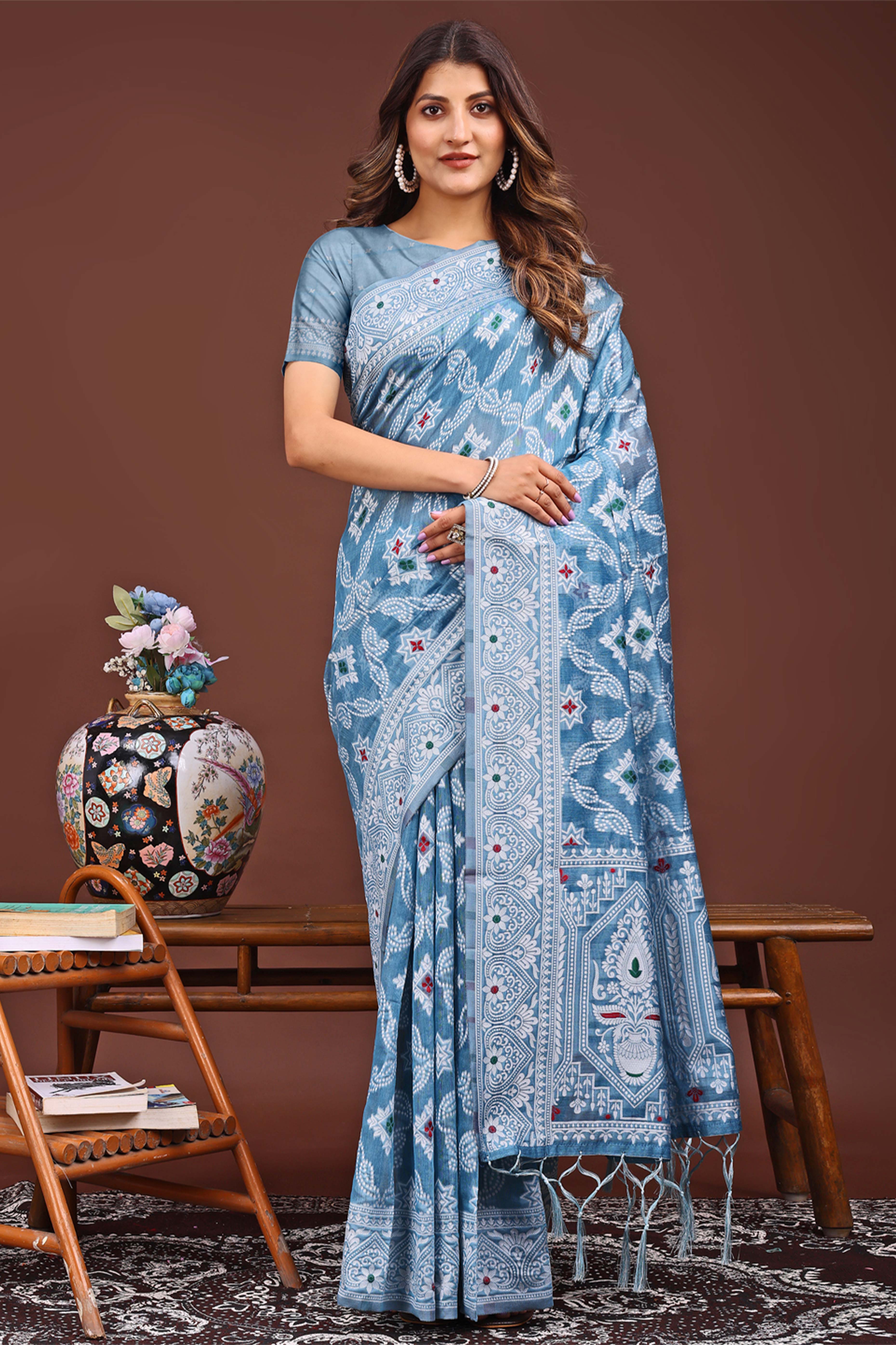 Traditional Bandhani Inspired Woven Sky Blue Saree in Breathable Linen Cotton