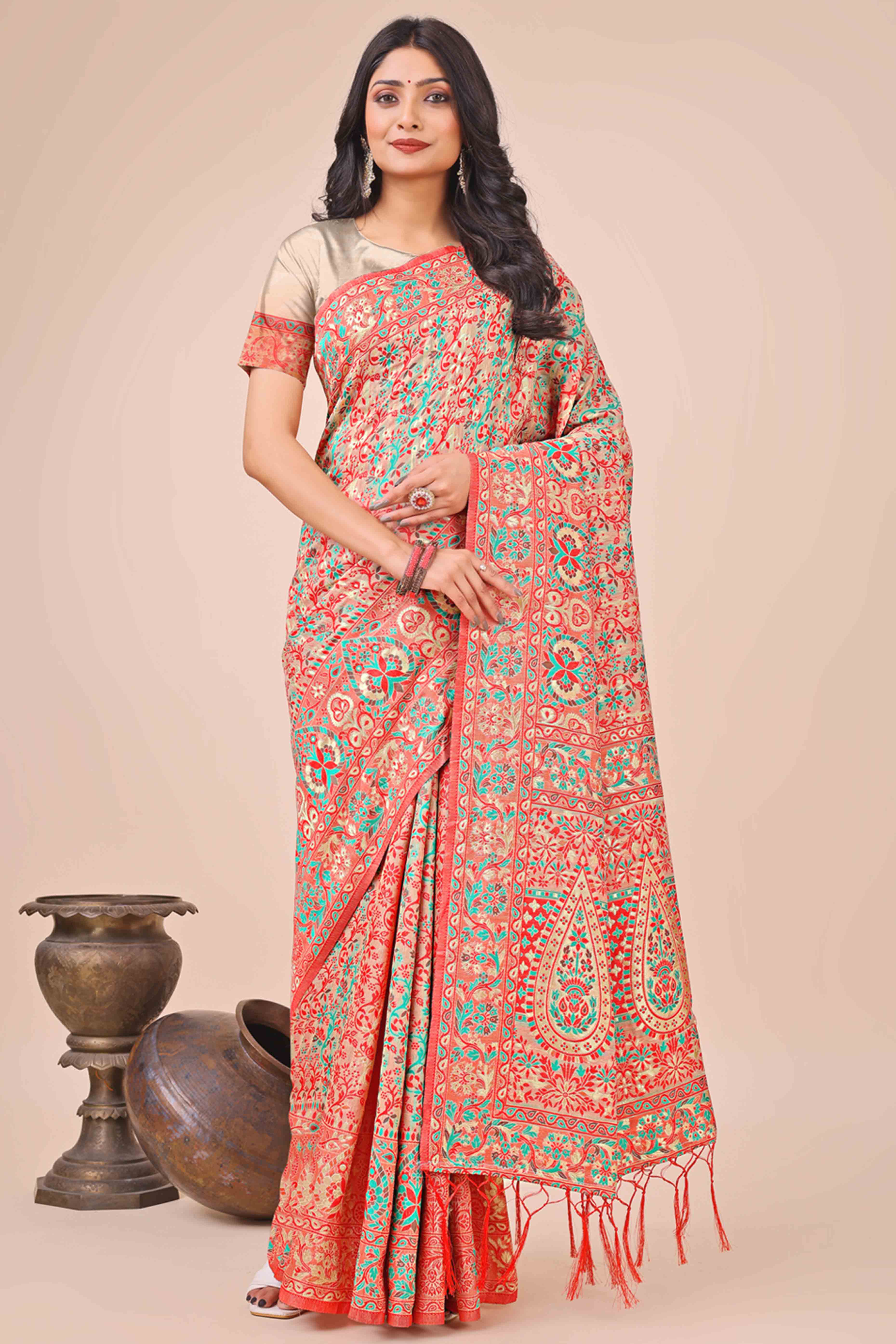 Cream Floral Woven Cotton Blend Saree With A Breezy Tassel Finish