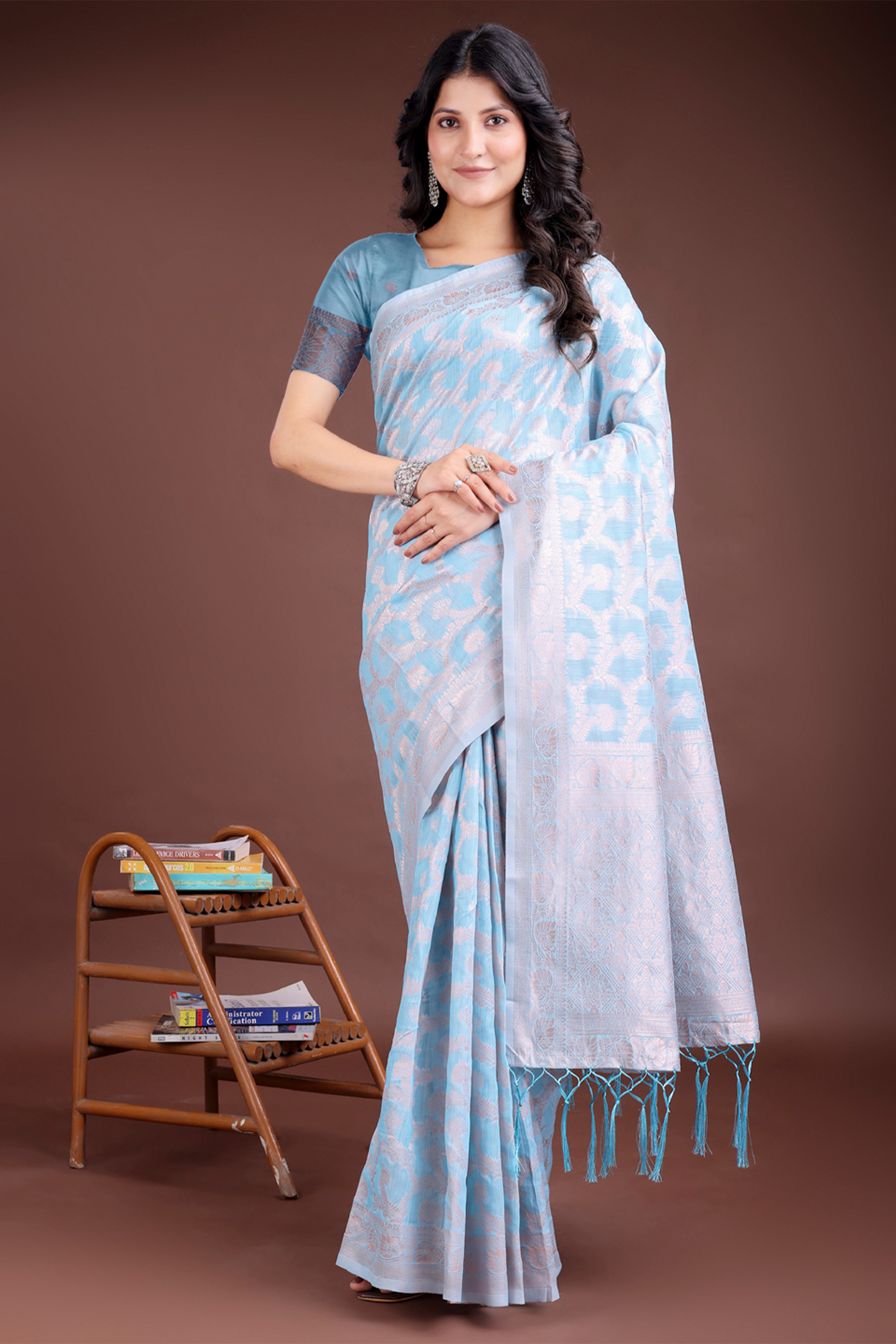 Sky Blue Linen Cotton Saree with Lustrous Zari Borders and Elegant Tassel Accents