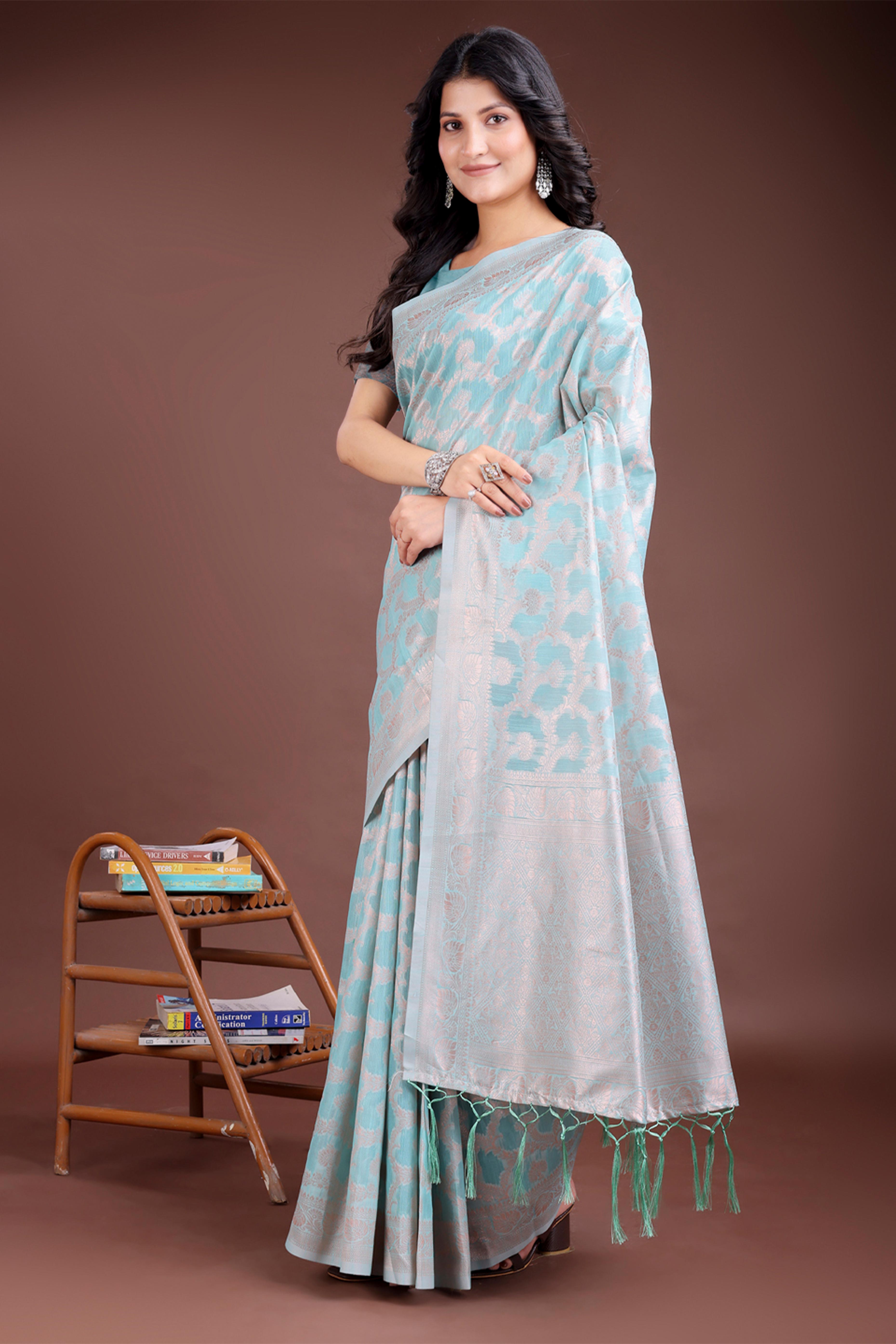 Sea Green Linen Cotton Saree with Lustrous Zari Borders and Elegant Tassel Accents