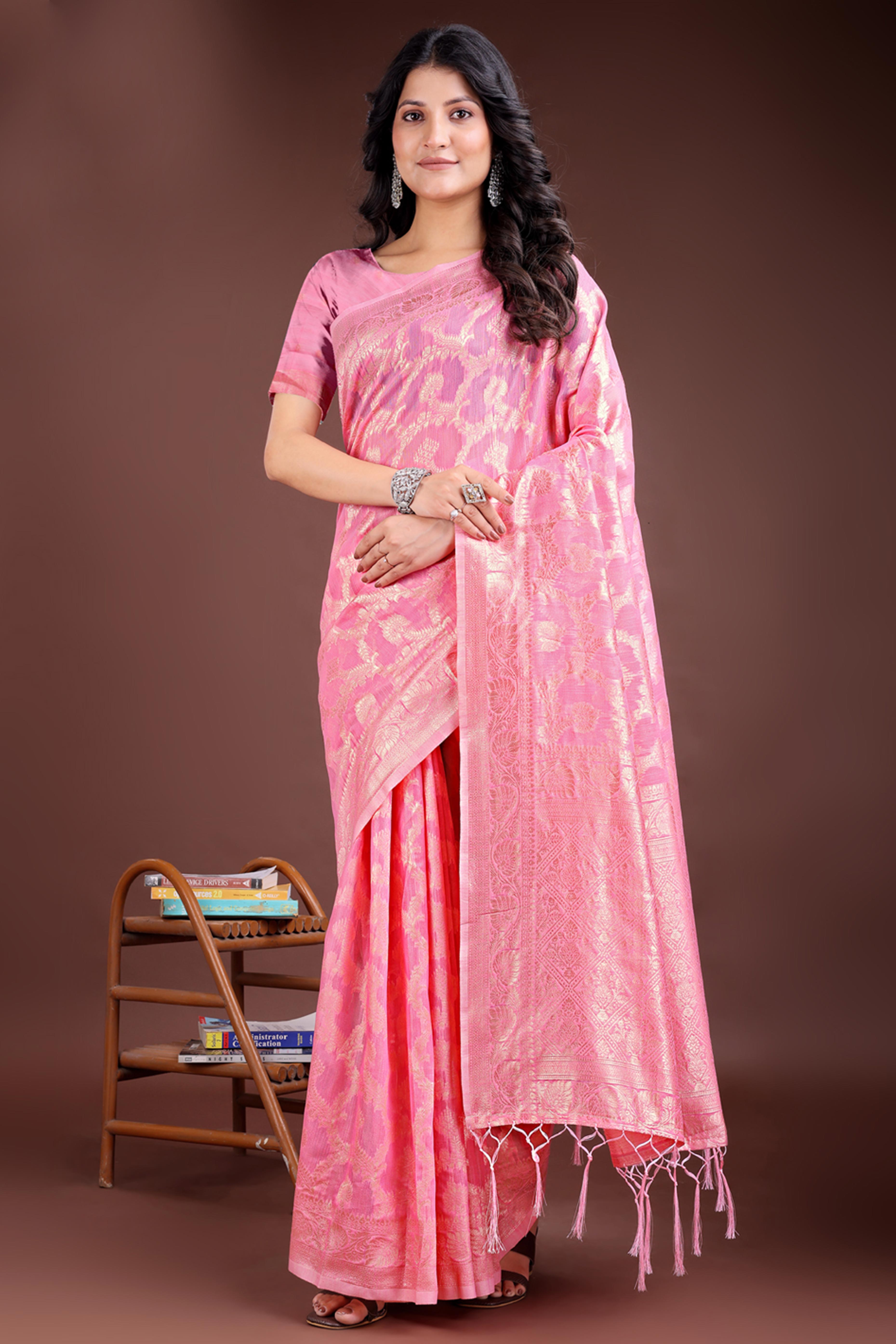 Pink Linen Cotton Saree with Lustrous Zari Borders and Elegant Tassel Accents