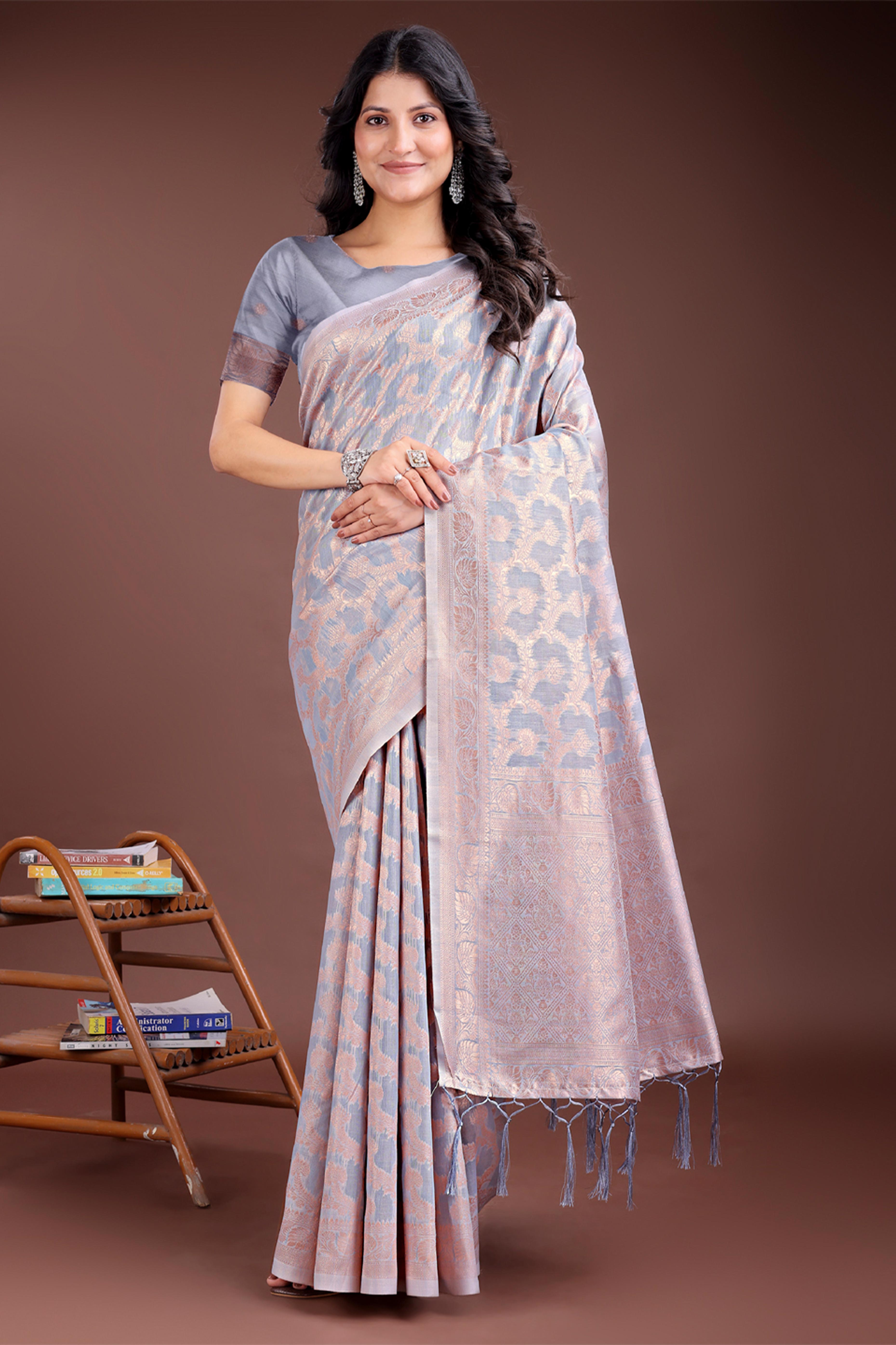 Grey Linen Cotton Saree with Lustrous Zari Borders and Elegant Tassel Accents