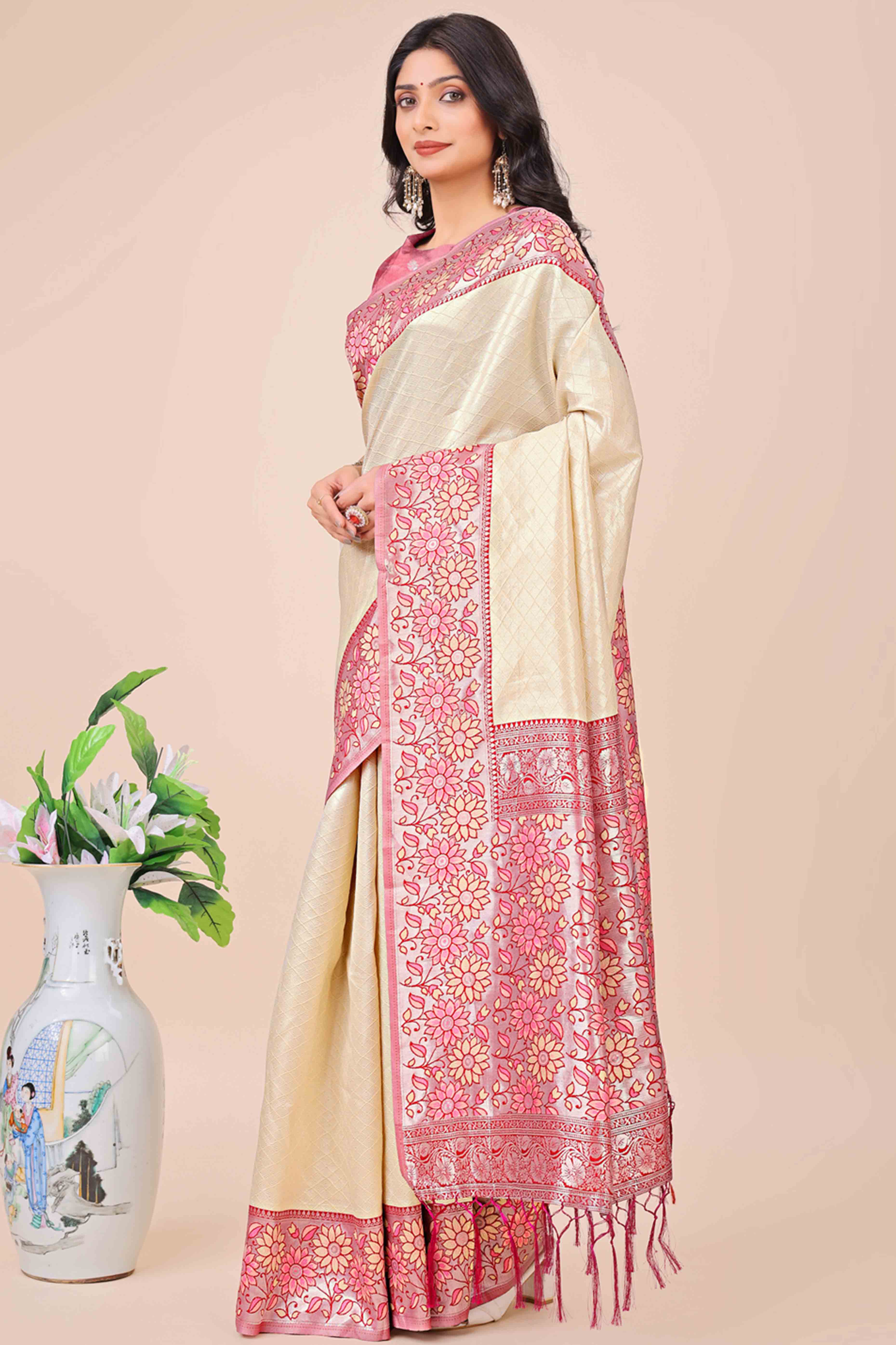 Cream Lichi Silk Blend Saree With Exquisite Floral Weaving & Graceful Tassel Details