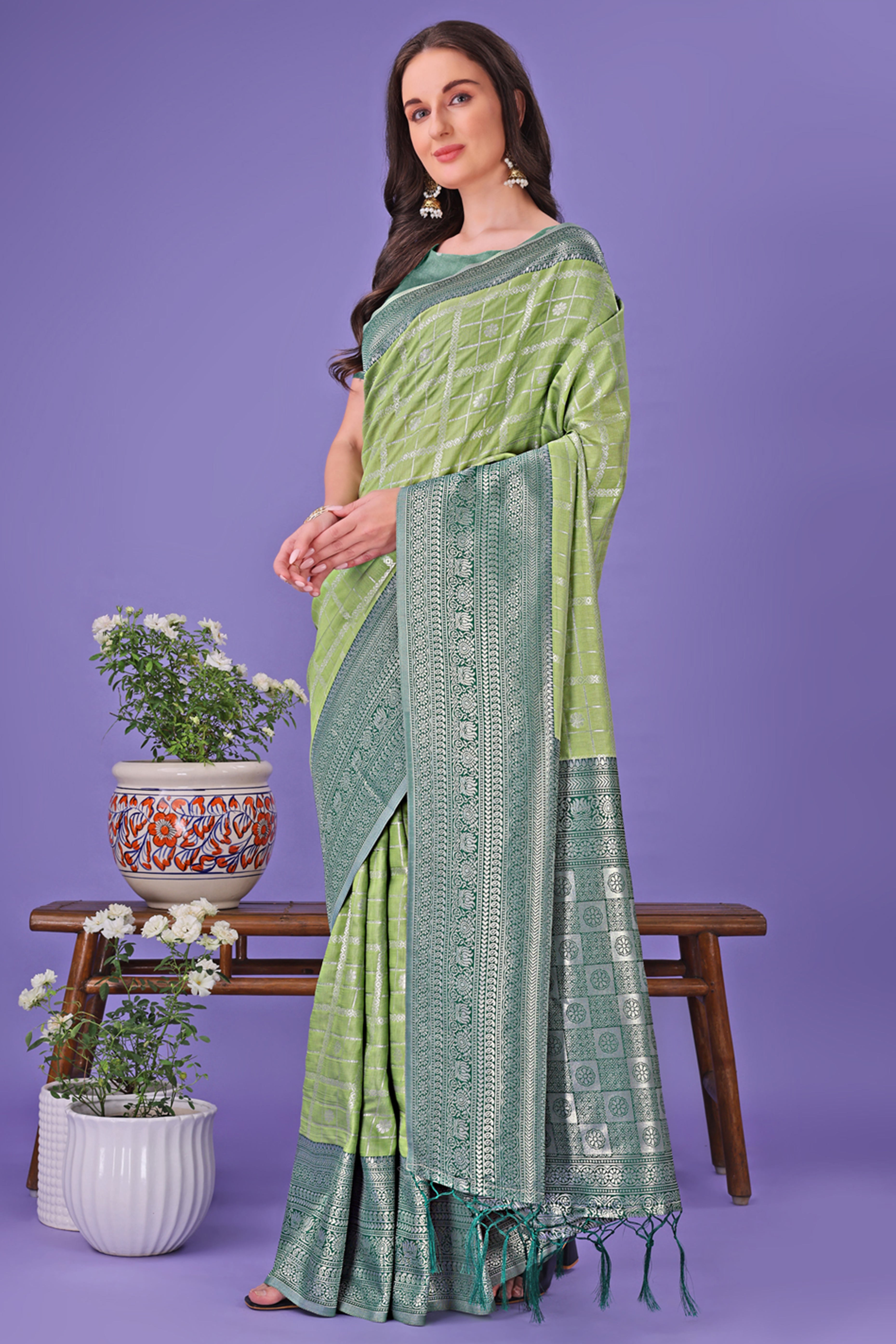 Light Green Banarasi Weave in Checked Design with Lustrous Zari Embellishments
