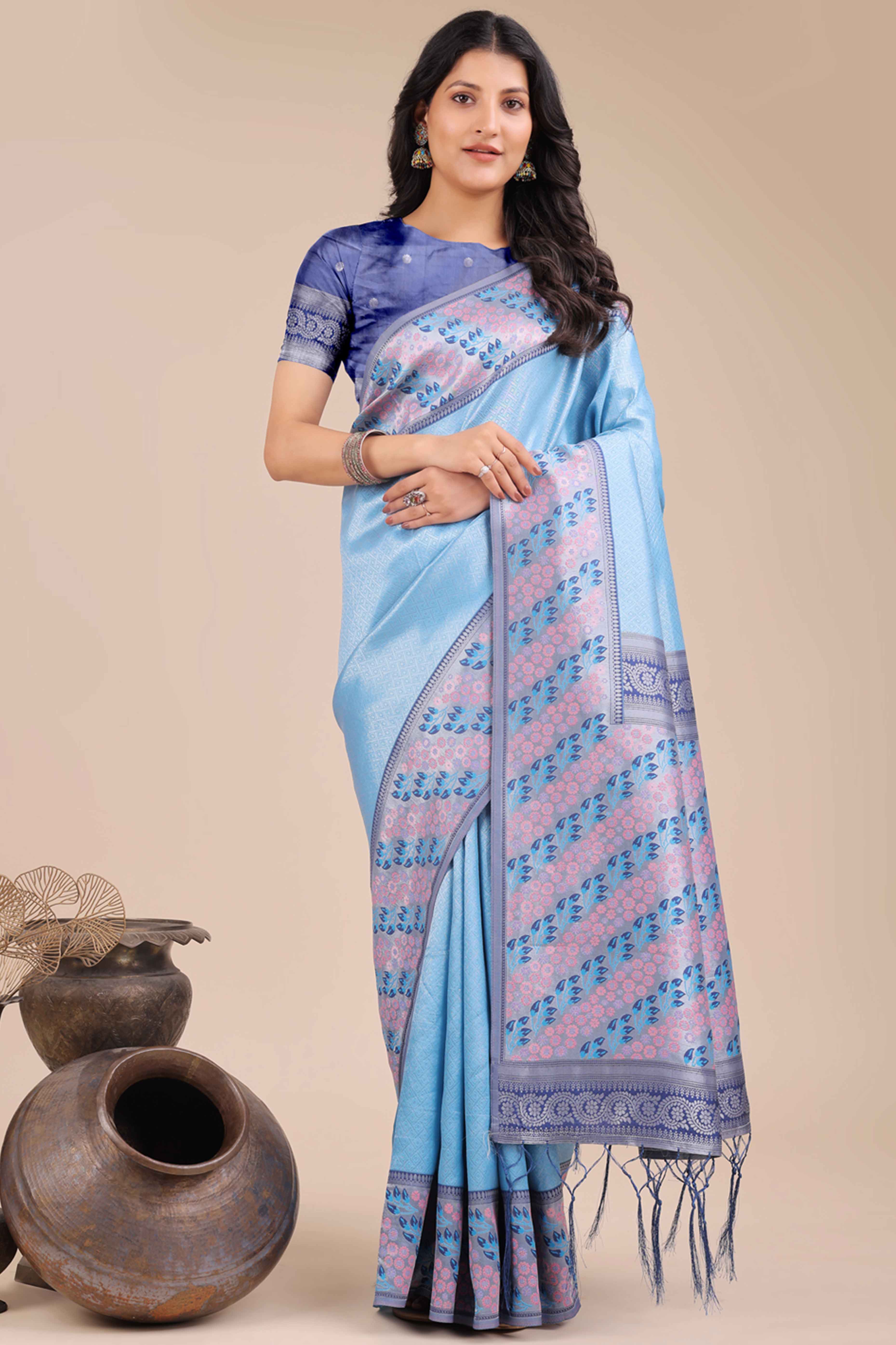 Blue Silk Blend Saree Embellished With Zari Weaving & Tassel Accents