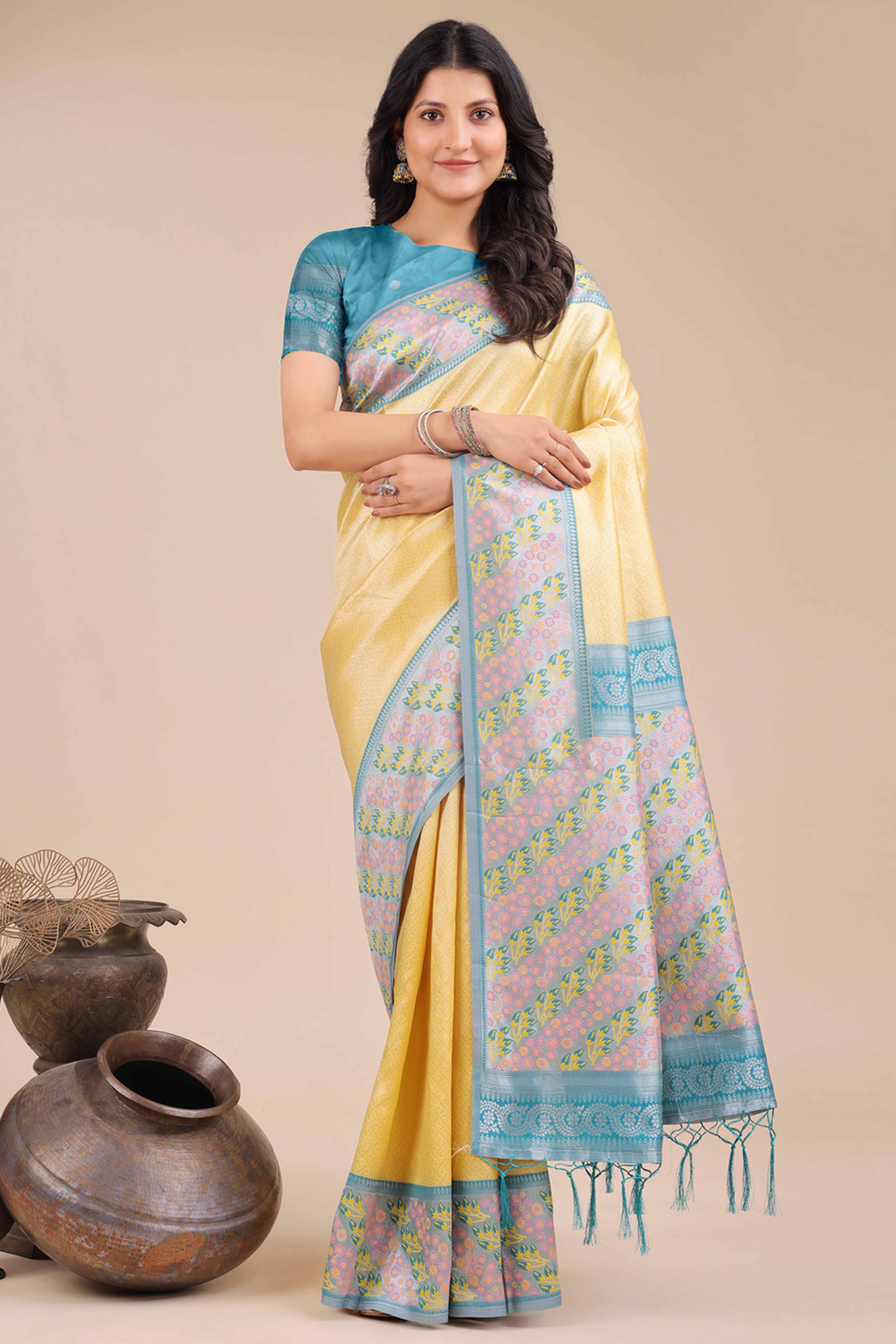 Yellow Silk Blend Saree Embellished With Zari Weaving & Tassel Accents