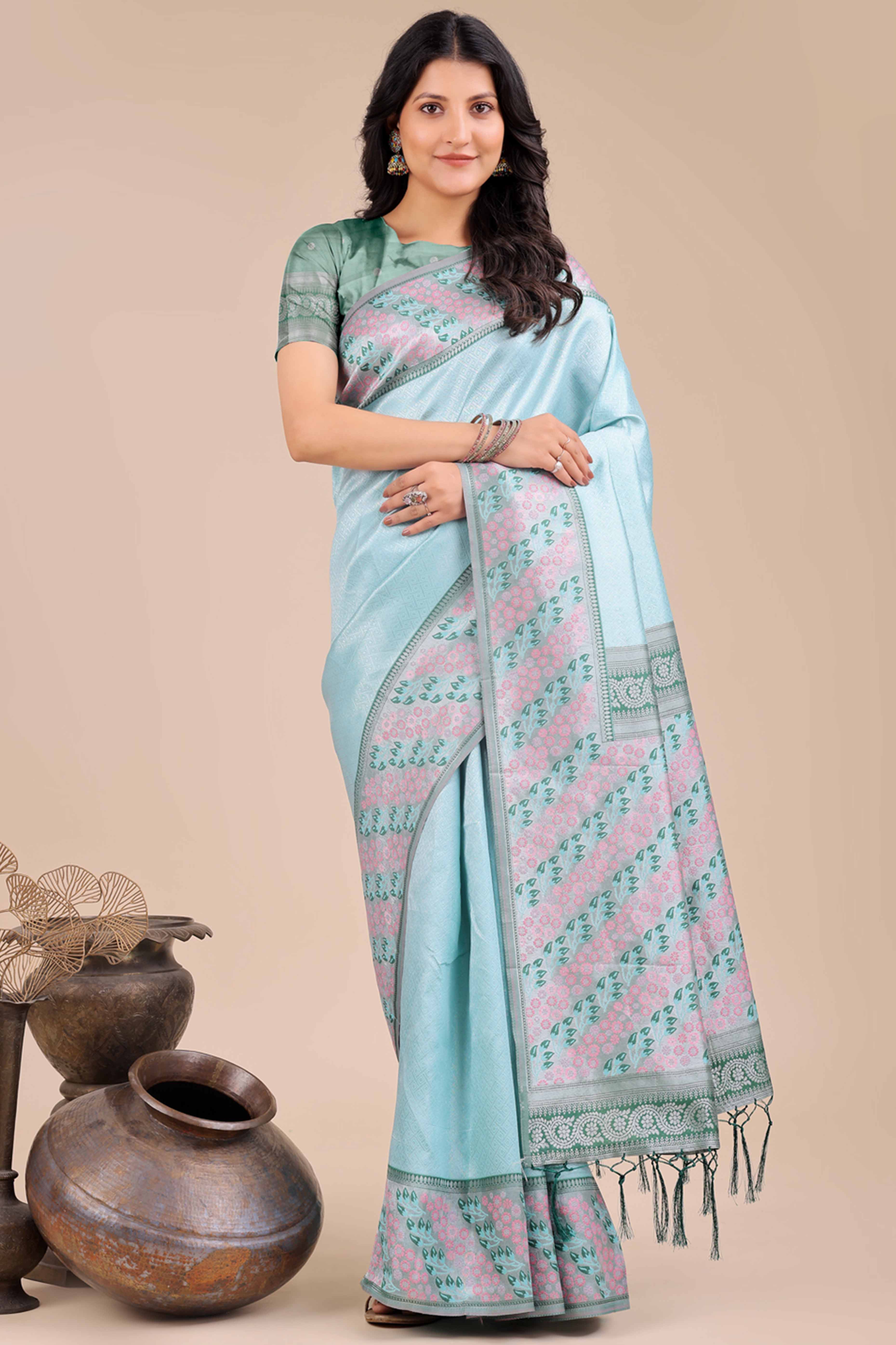 Light Blue Silk Blend Saree Embellished With Zari Weaving & Tassel Accents