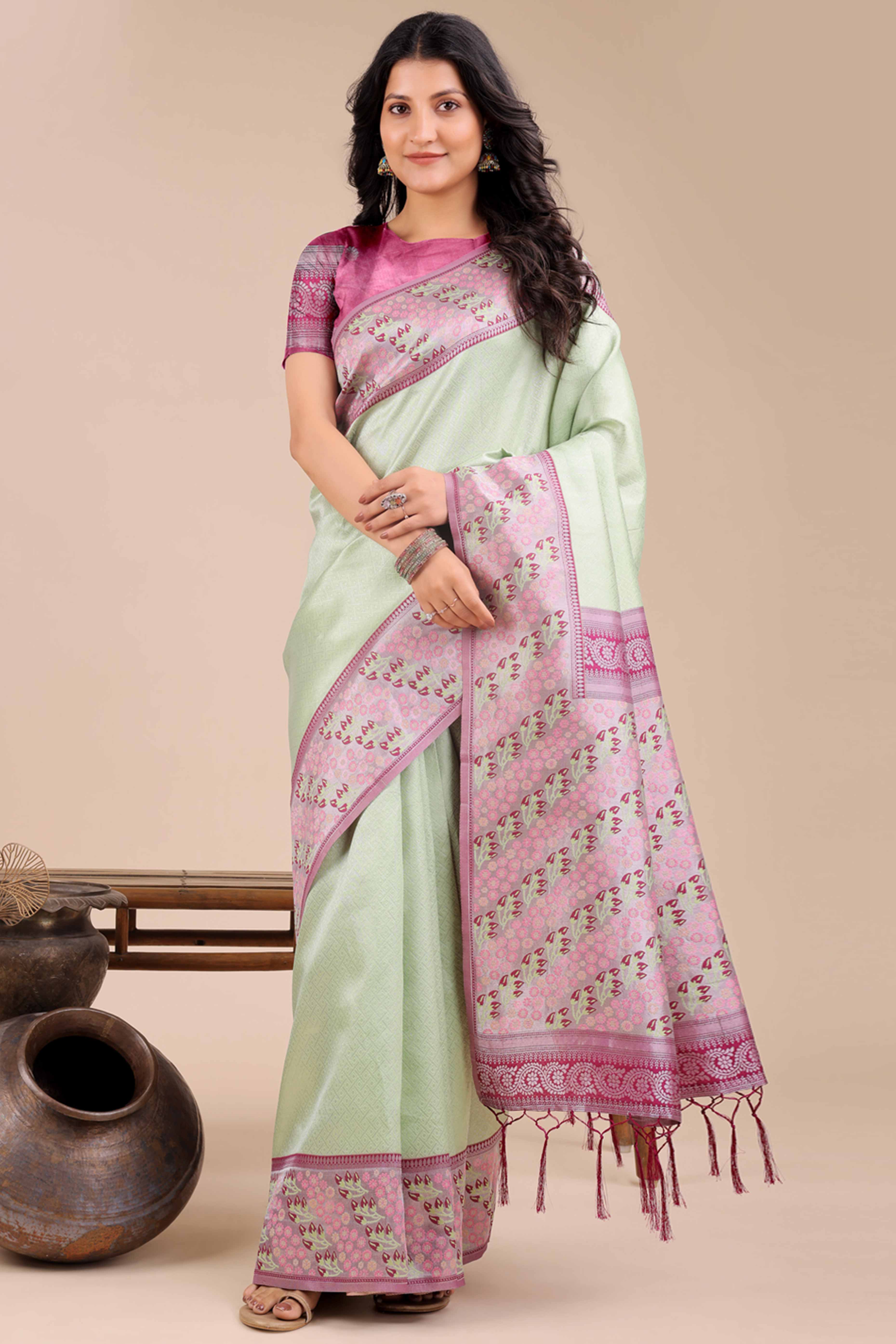 Light Green Silk Blend Saree Embellished With Zari Weaving & Tassel Accents