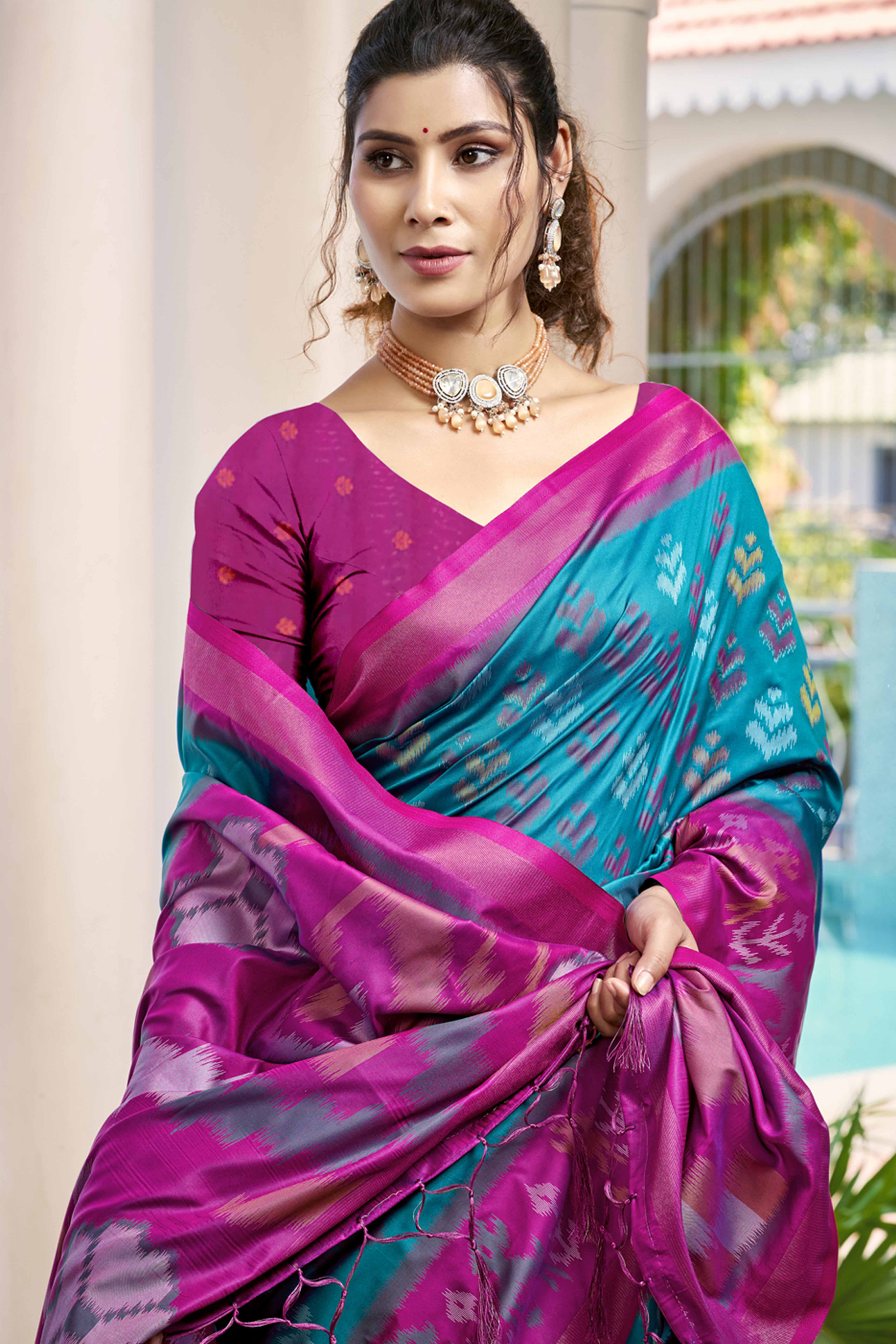 Sky Blue Ikat Woven Silk Saree for Festive Celebrations