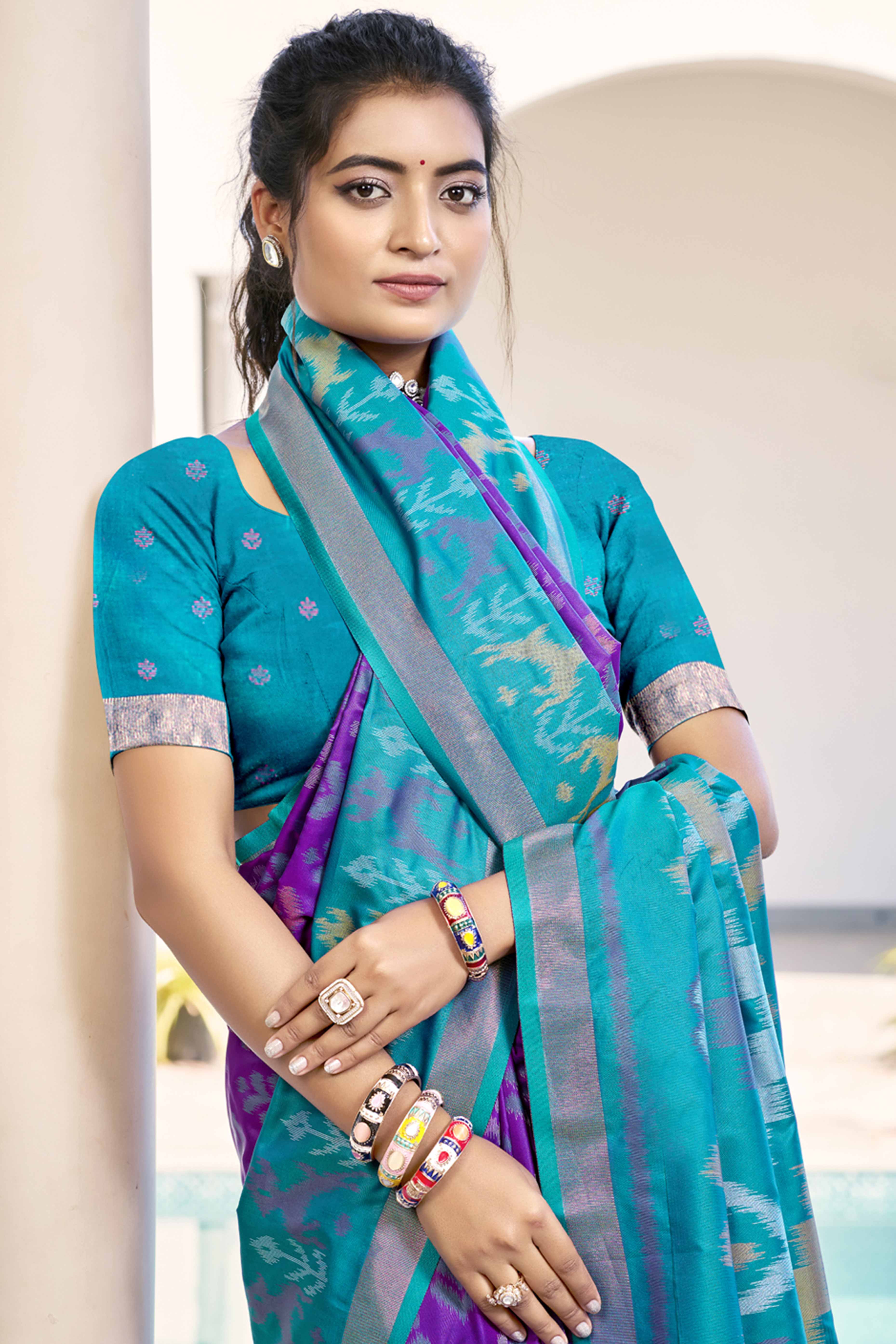 Violet Ikat Woven Silk Saree for Festive Celebrations