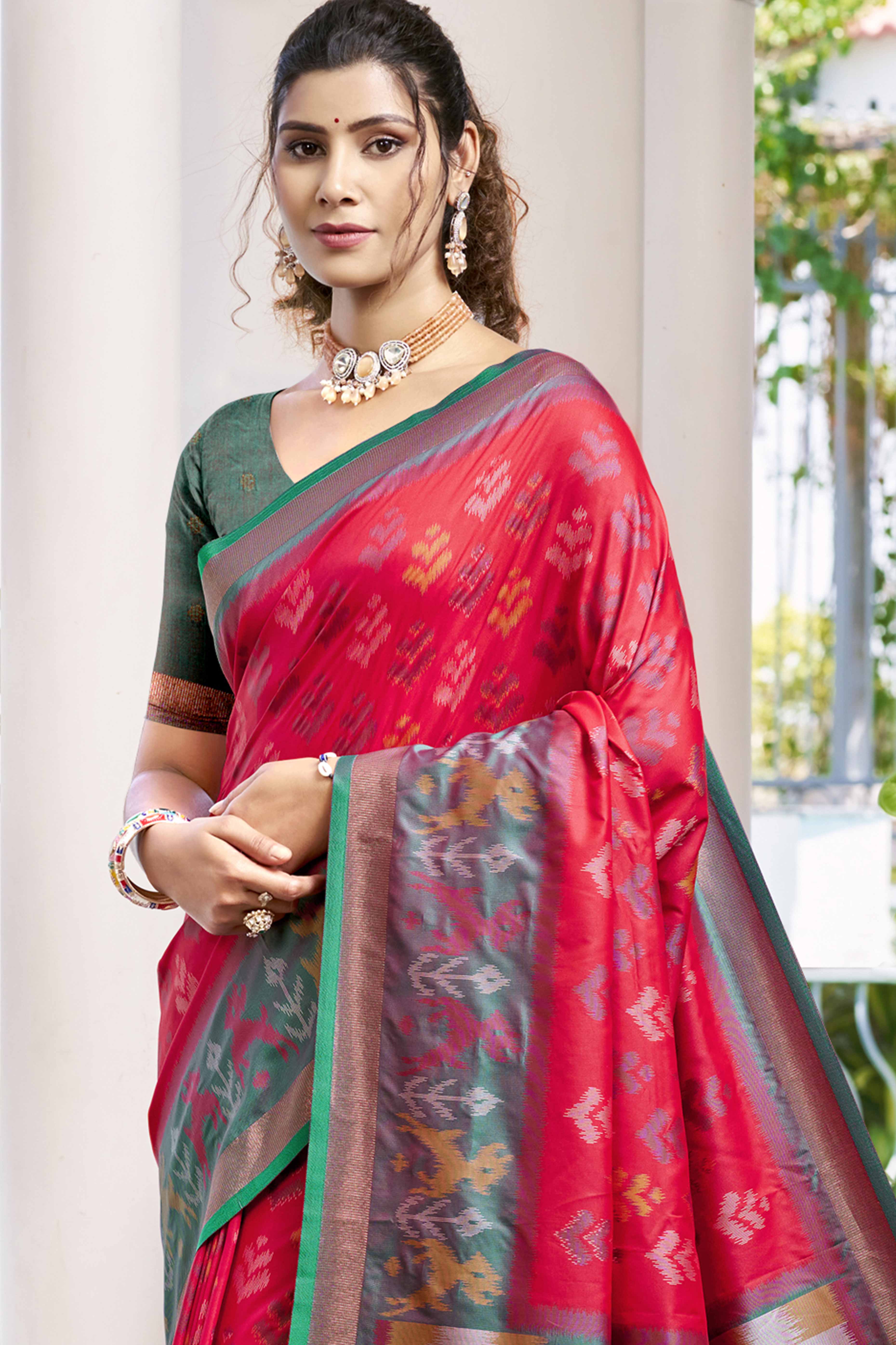 Red Ikat Woven Silk Saree for Festive Celebrations