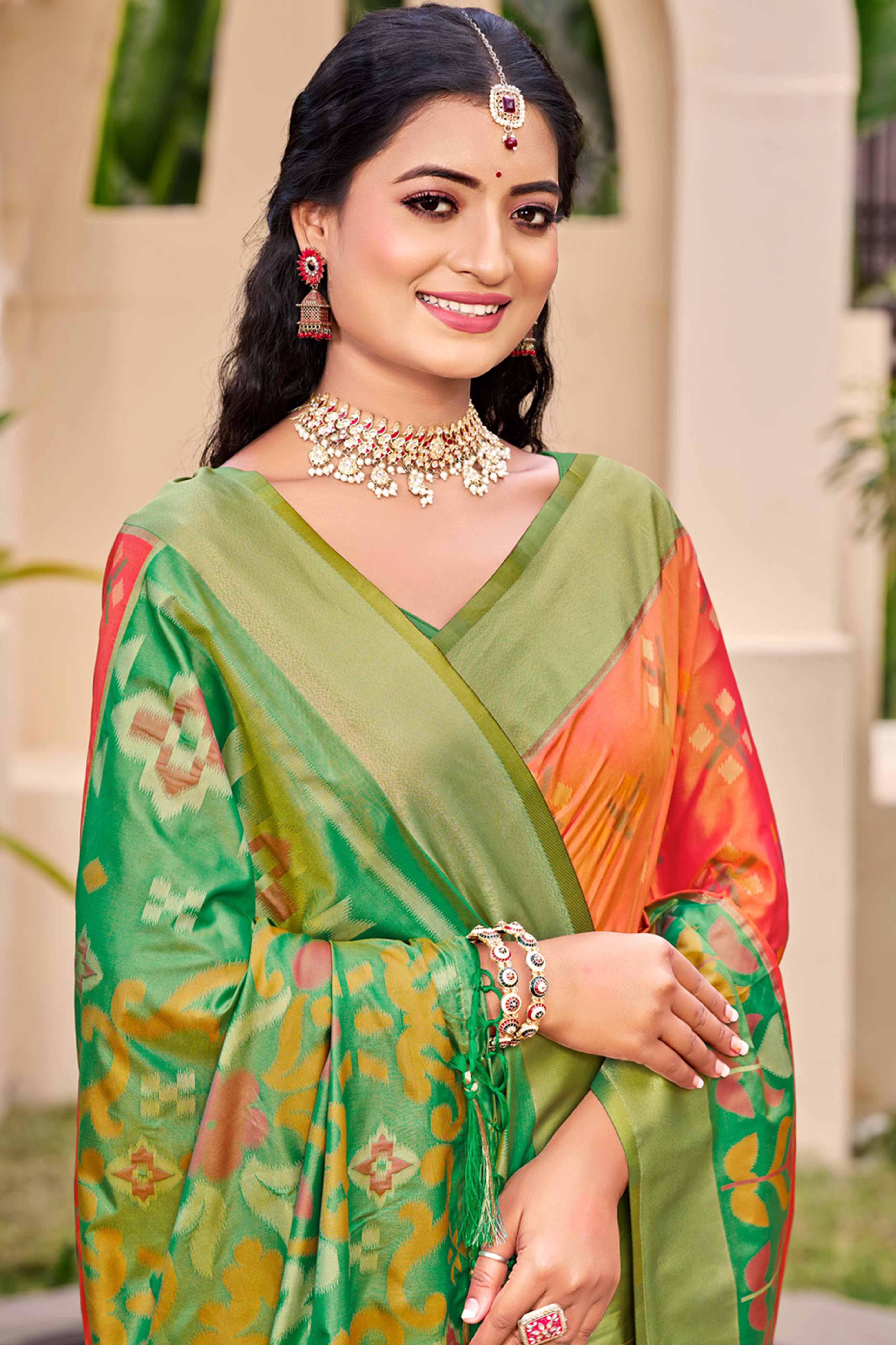 Orange Ikat Woven Silk Saree for Festive Celebrations