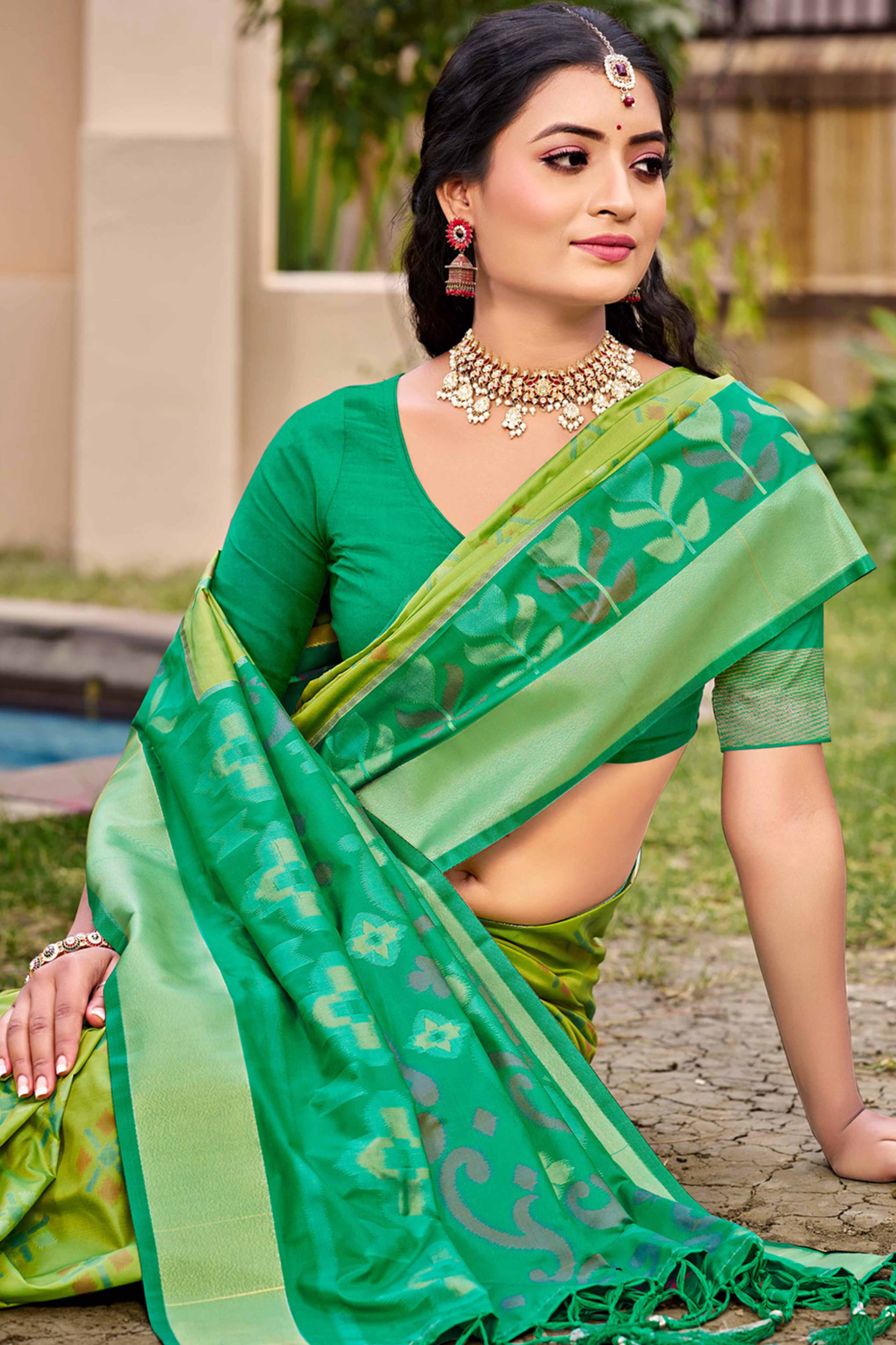 Light Green Ikat Woven Silk Saree for Festive Celebrations