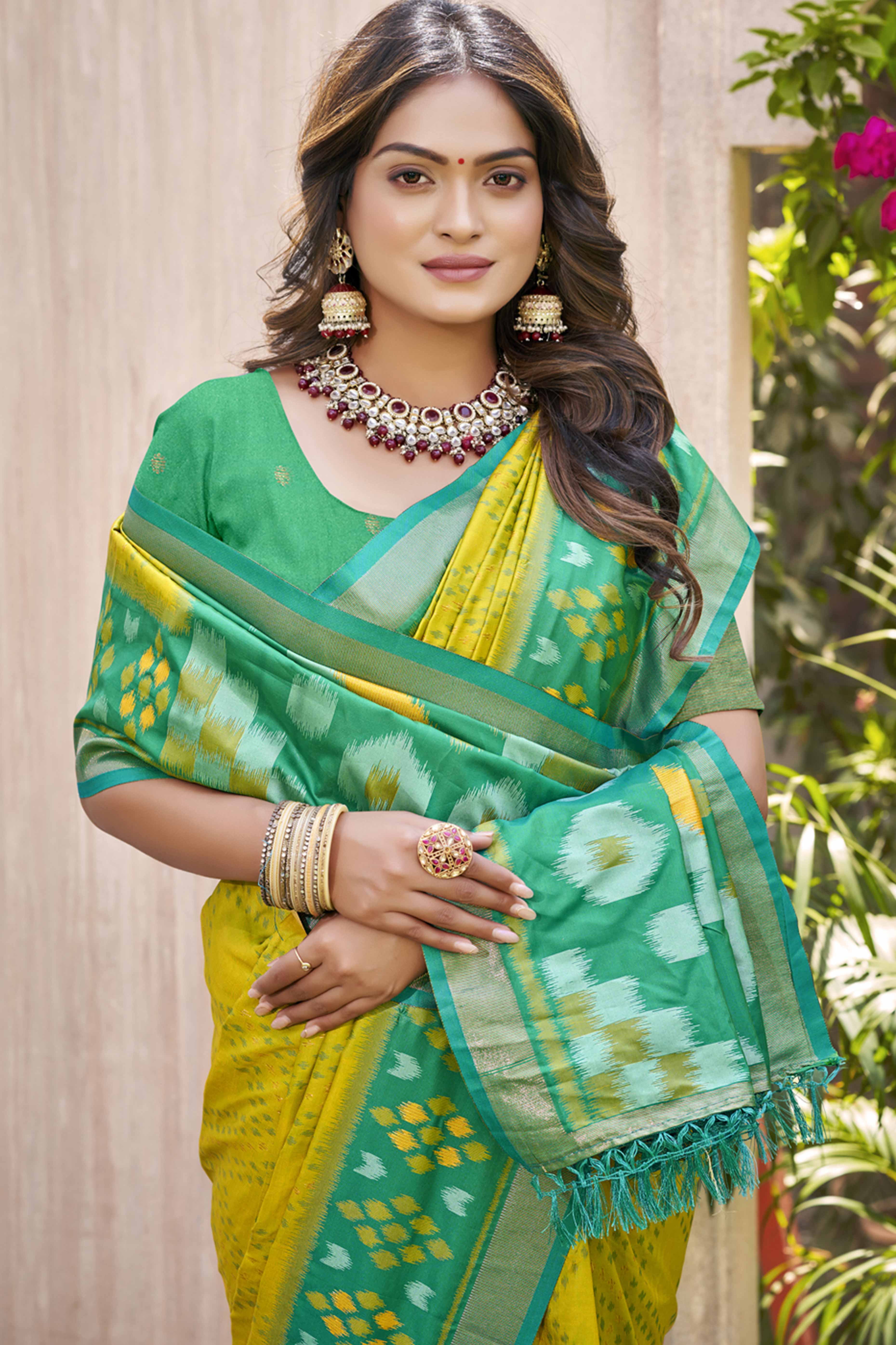 Lemon Yellow Ikkat Woven Silk Saree for Festive Celebrations