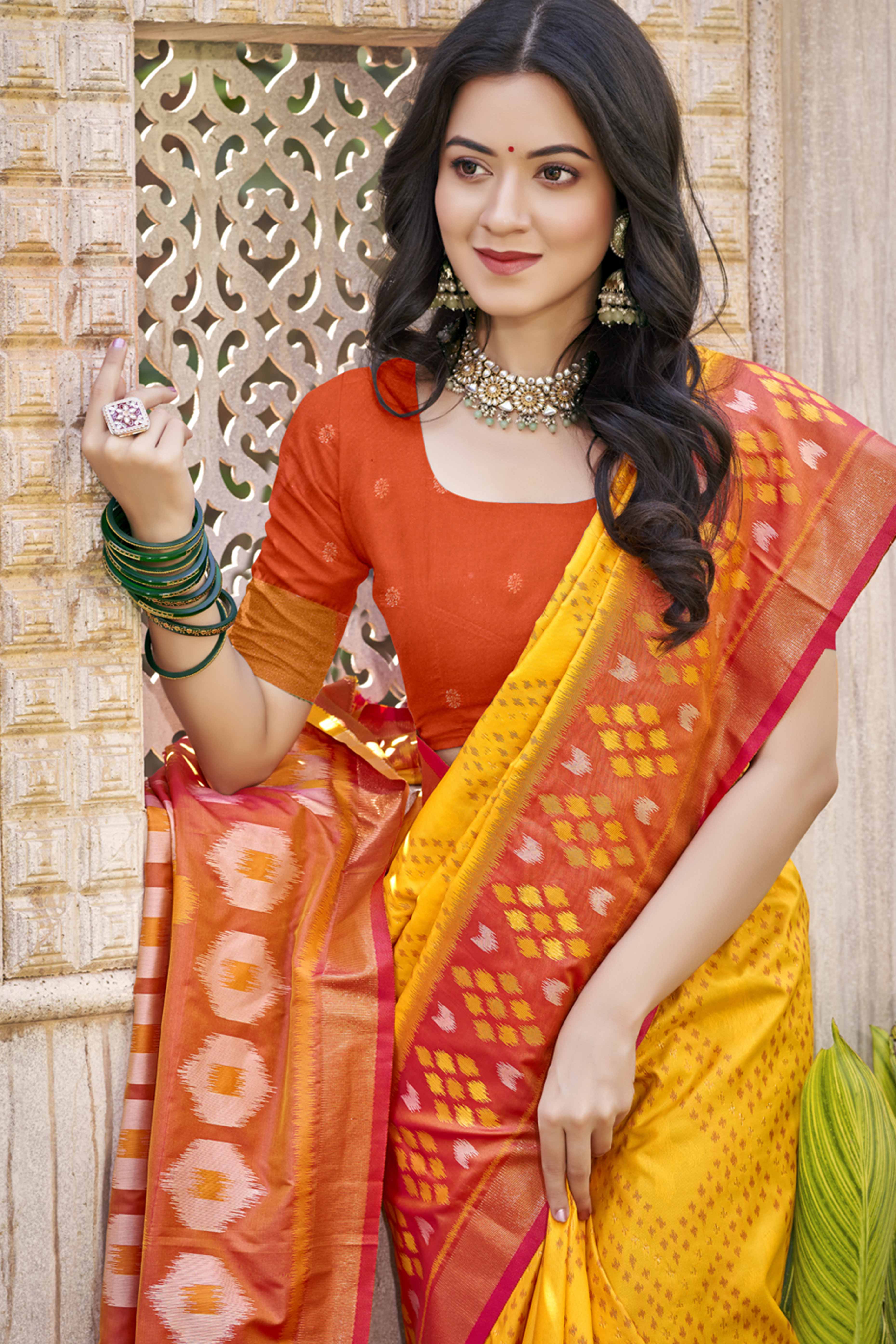 Yellow Ikkat Woven Silk Saree for Festive Celebrations