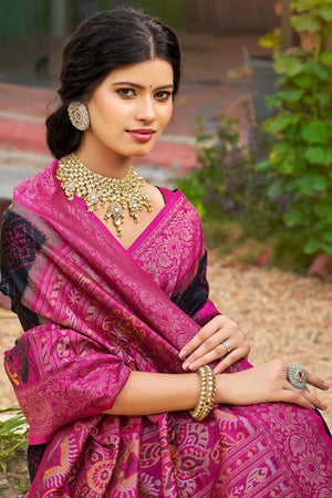 Graceful Black Pochampally Silk Blend Saree Adorned With Floral Weaving & Stylish Tassel Pallu