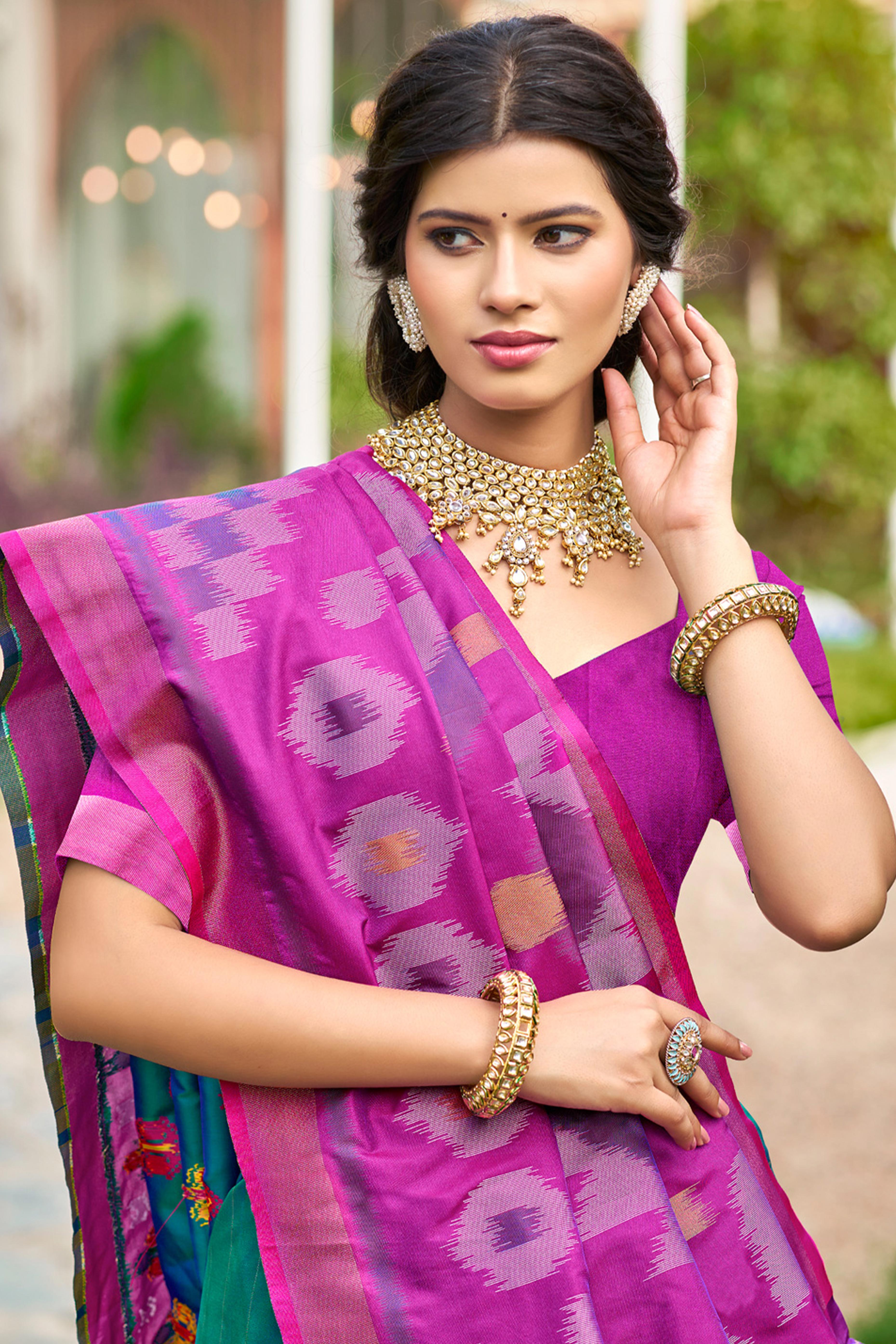 Morpich Blue Pochampally Ikkat Silk Blend Saree Completed With Refined Weaving & Tassel Pallu