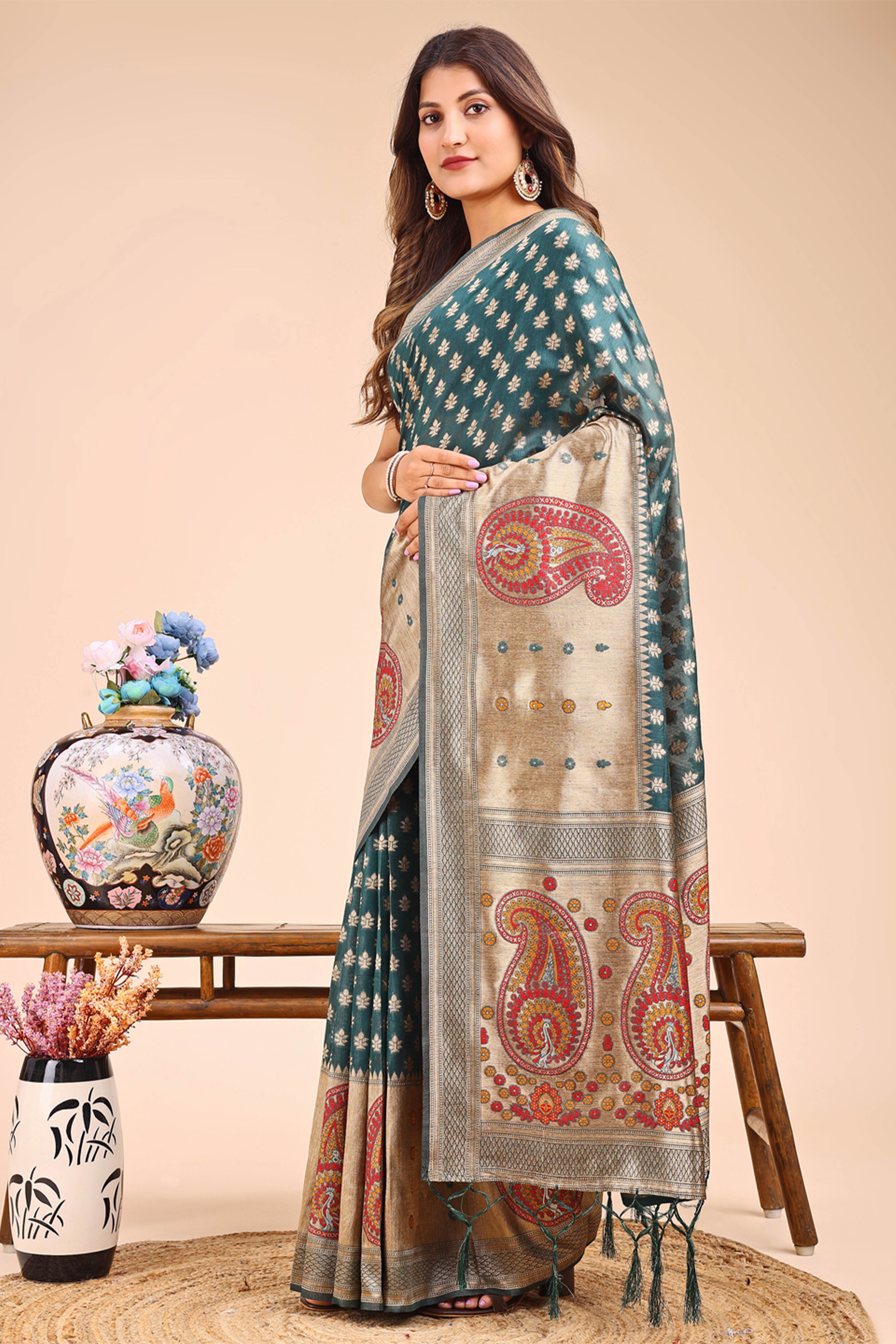 Teal Zari Butti Weaving Linen Cotton Saree