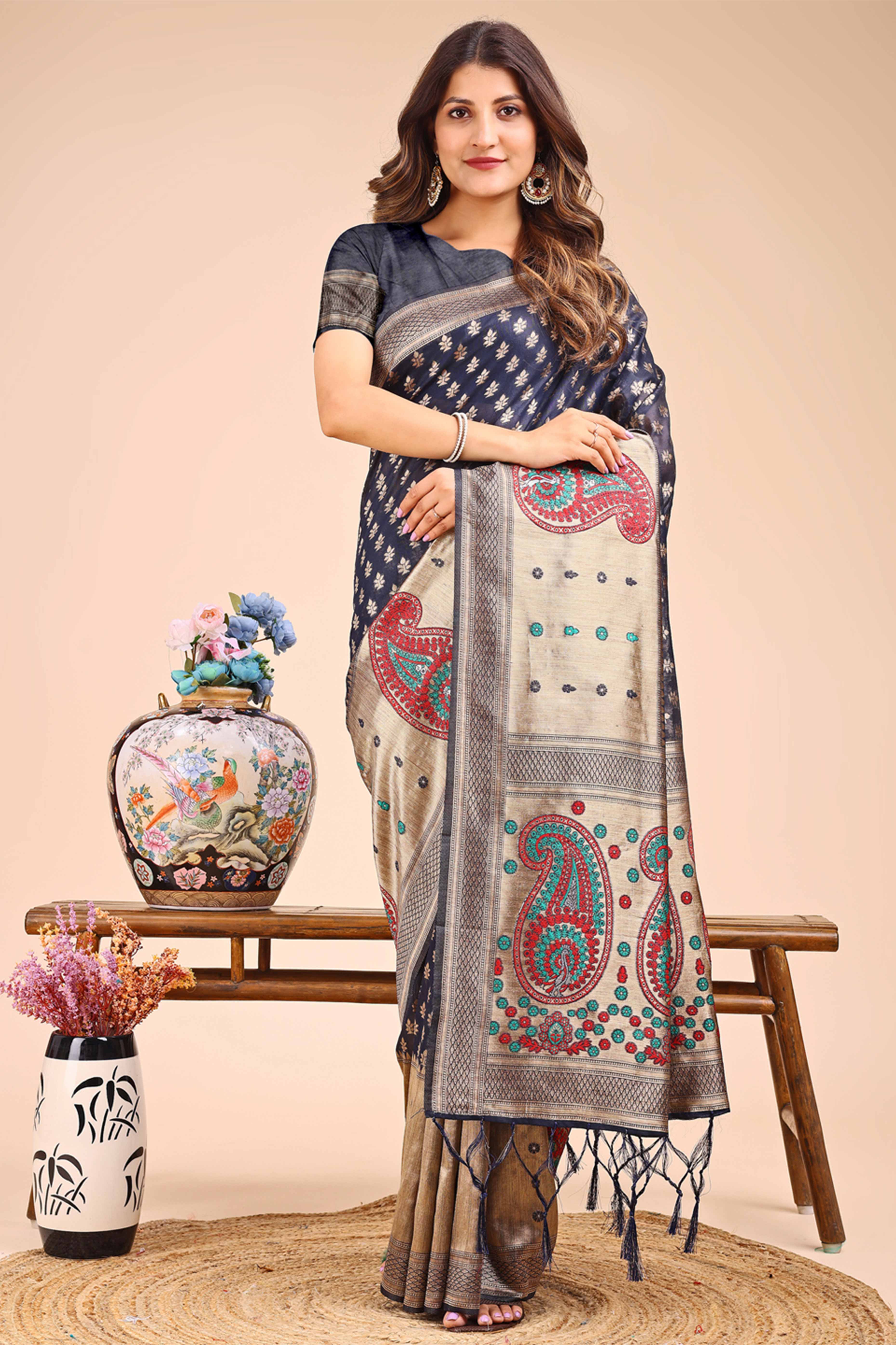 Navy Blue Zari Butti Weaving Linen Cotton Saree