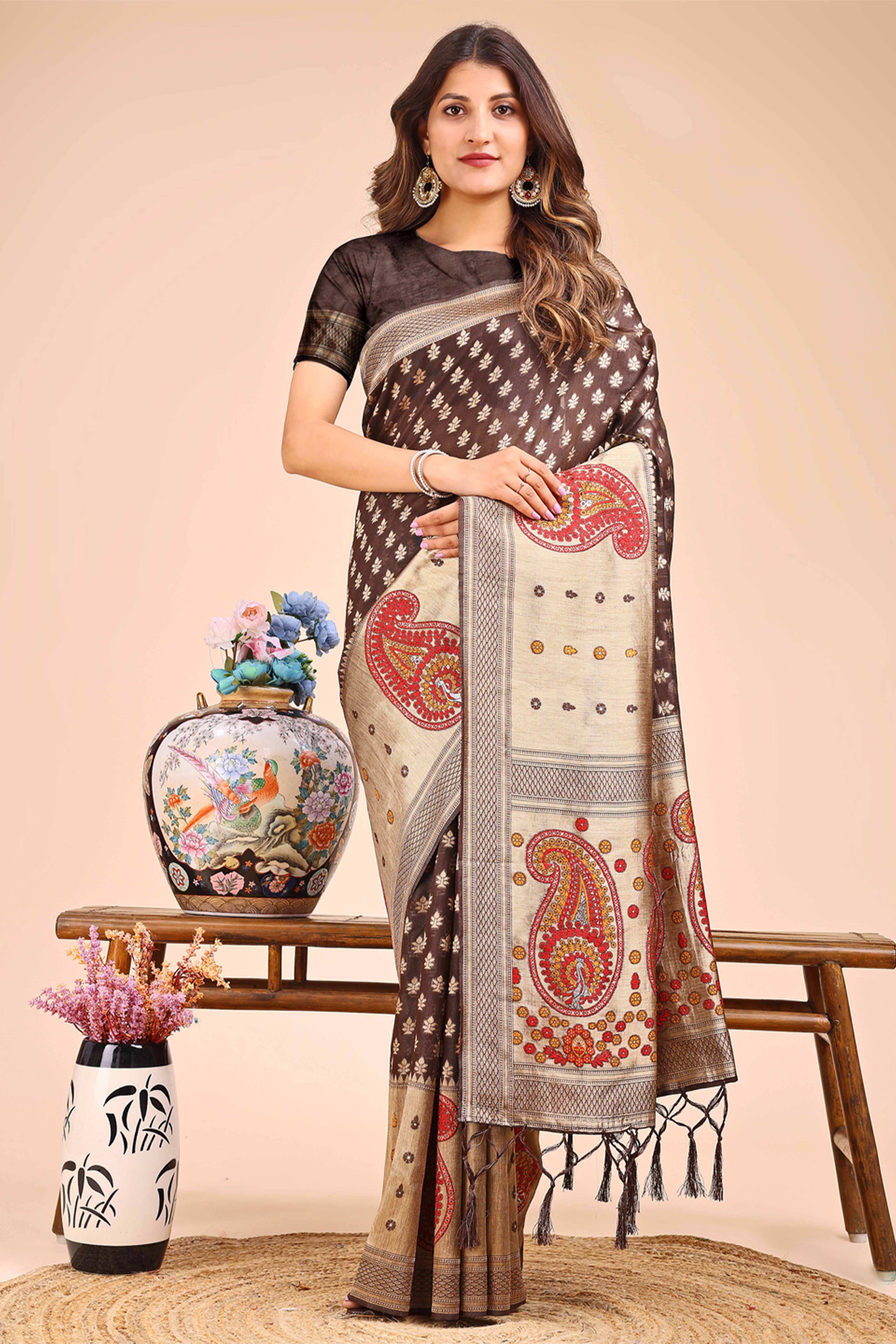 Brown Zari Butti Weaving Linen Cotton Saree