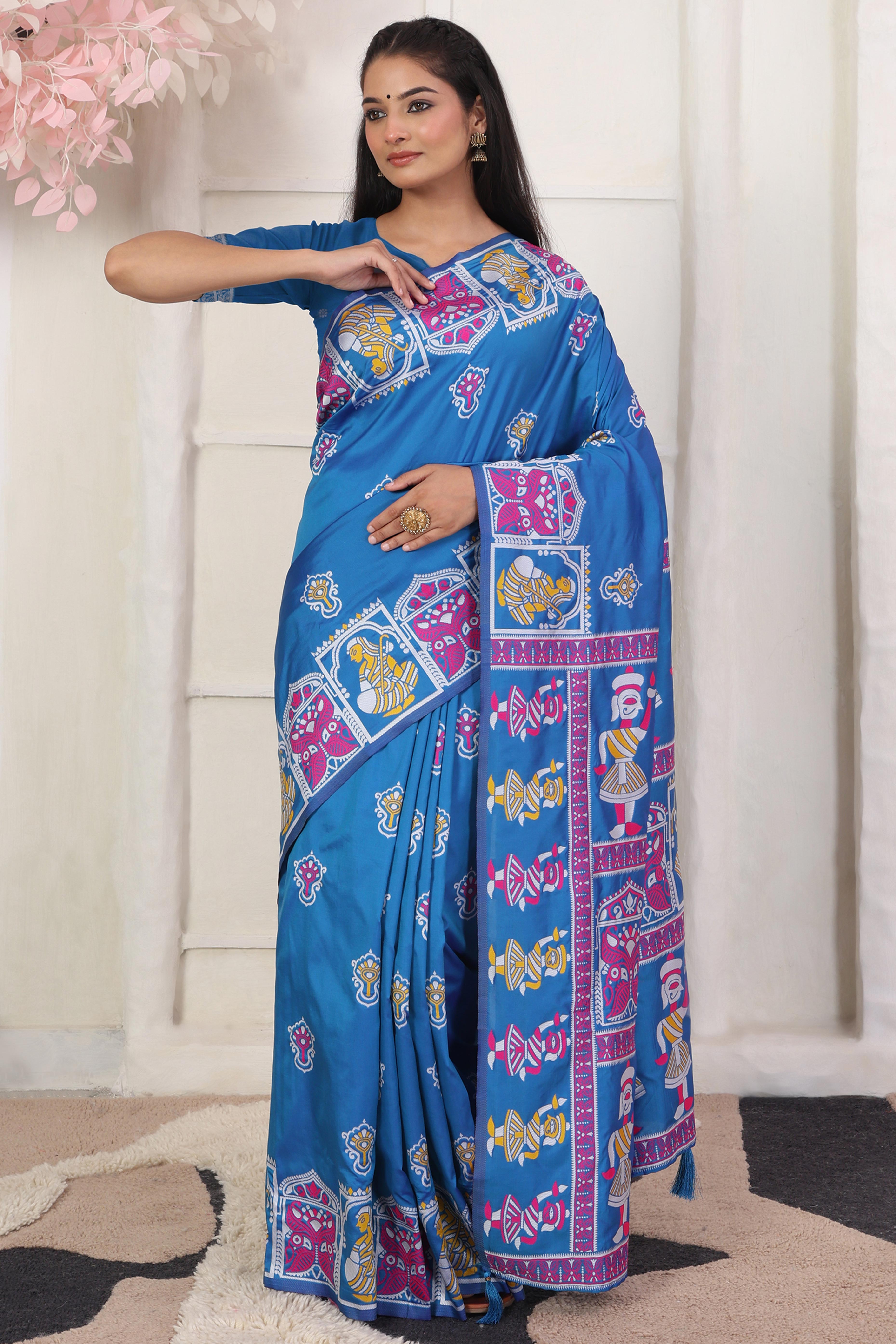 Blue Ethnic Madhubani Print Silk Blend Saree Enhanced With Tassel Pallu Accents